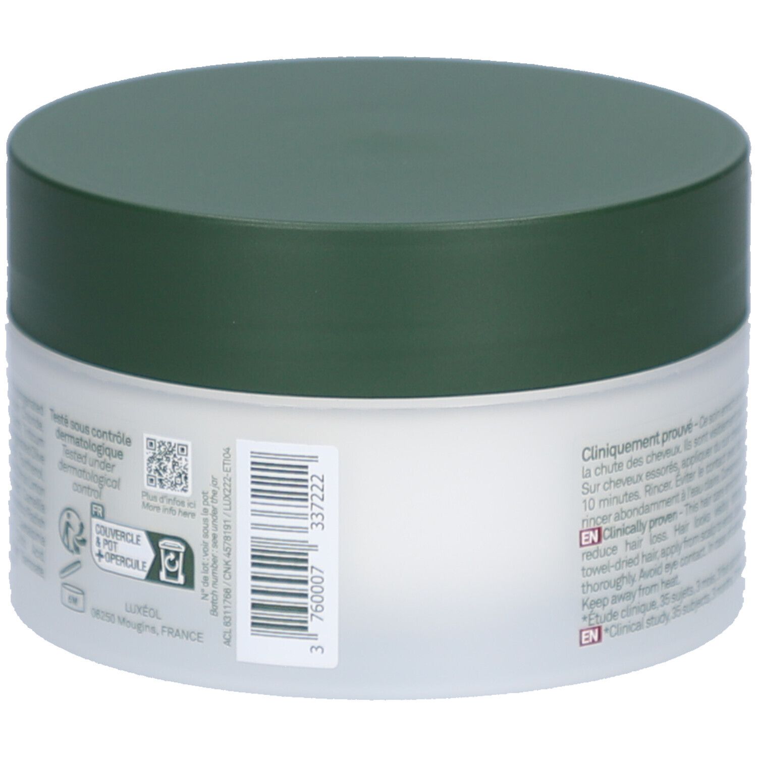 Pot rond à couvercle vert. Inscription: Couvrance & Optique. Contient un code QR et un numéro de lot.