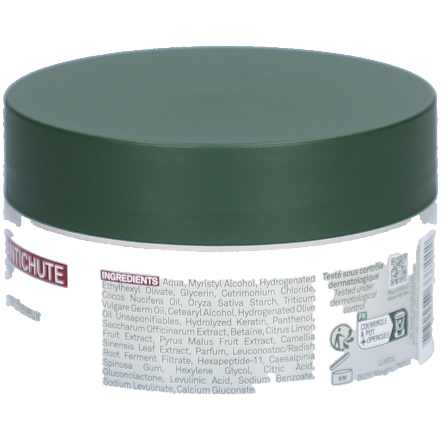 Pot rond à couvercle vert. Contient des ingrédients. Texte: Testé sous contrôle dermatologique.