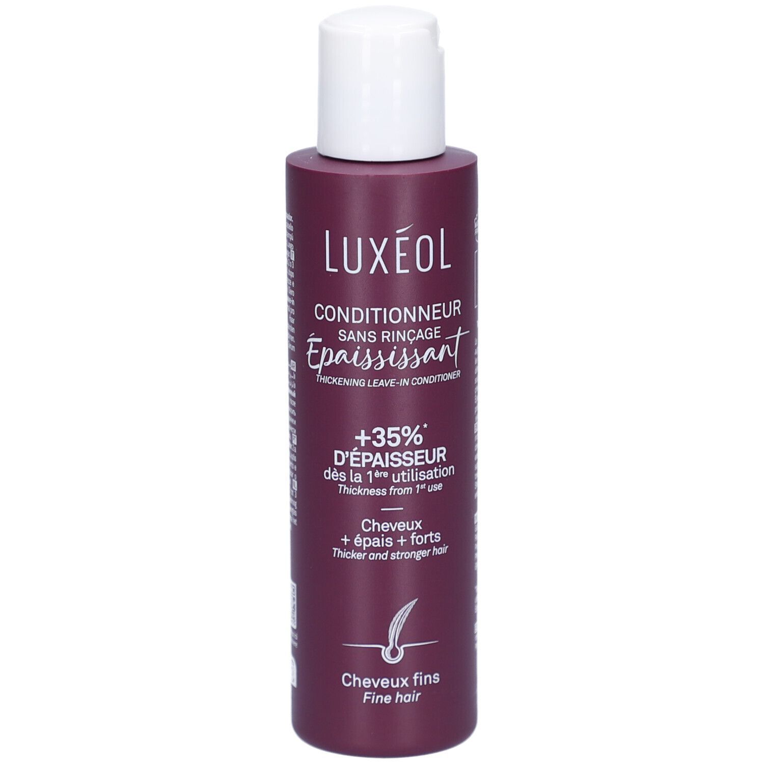 Flacon LUXÉOL Conditionneur Épaississant. Bouchon blanc, flacon bordeaux. Texte: Conditionneur Sans Rinçage Épaississant, +35% D'ÉPAISSEUR.