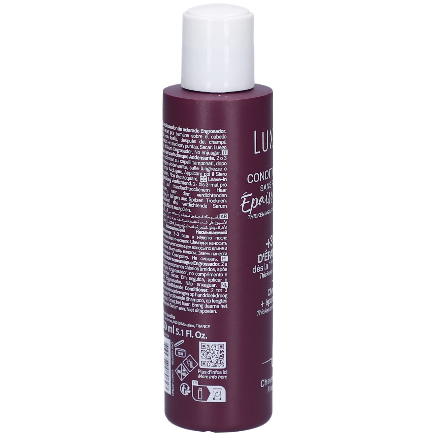 Flacon bordeaux LUXÉOL Conditionneur Épaississant. Bouchon blanc. Dos avec texte multilingue. Code QR et pictogrammes.