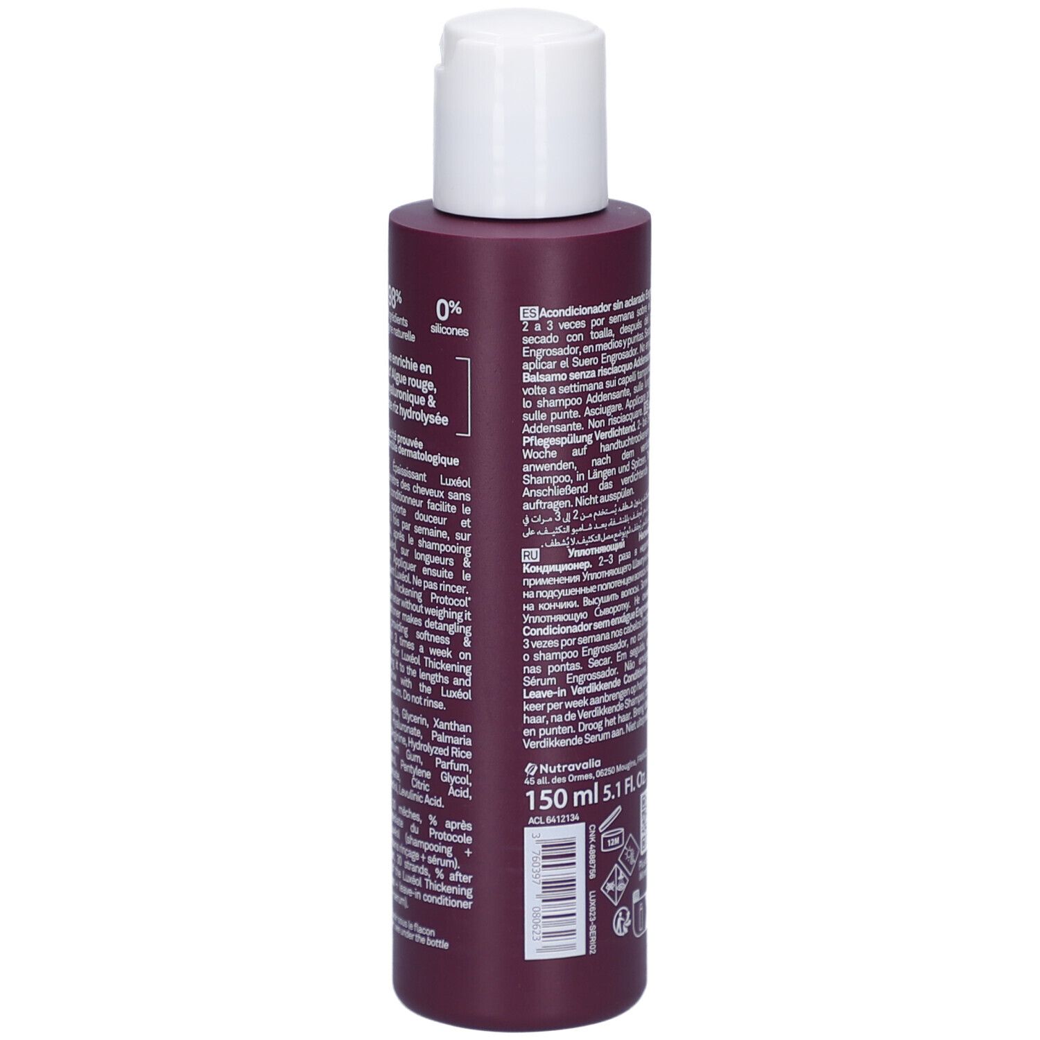 Flacon bordeaux LUXÉOL Conditionneur Épaississant. Bouchon blanc. Texte: 0% silicone. 150 ml. Dos avec texte multilingue.