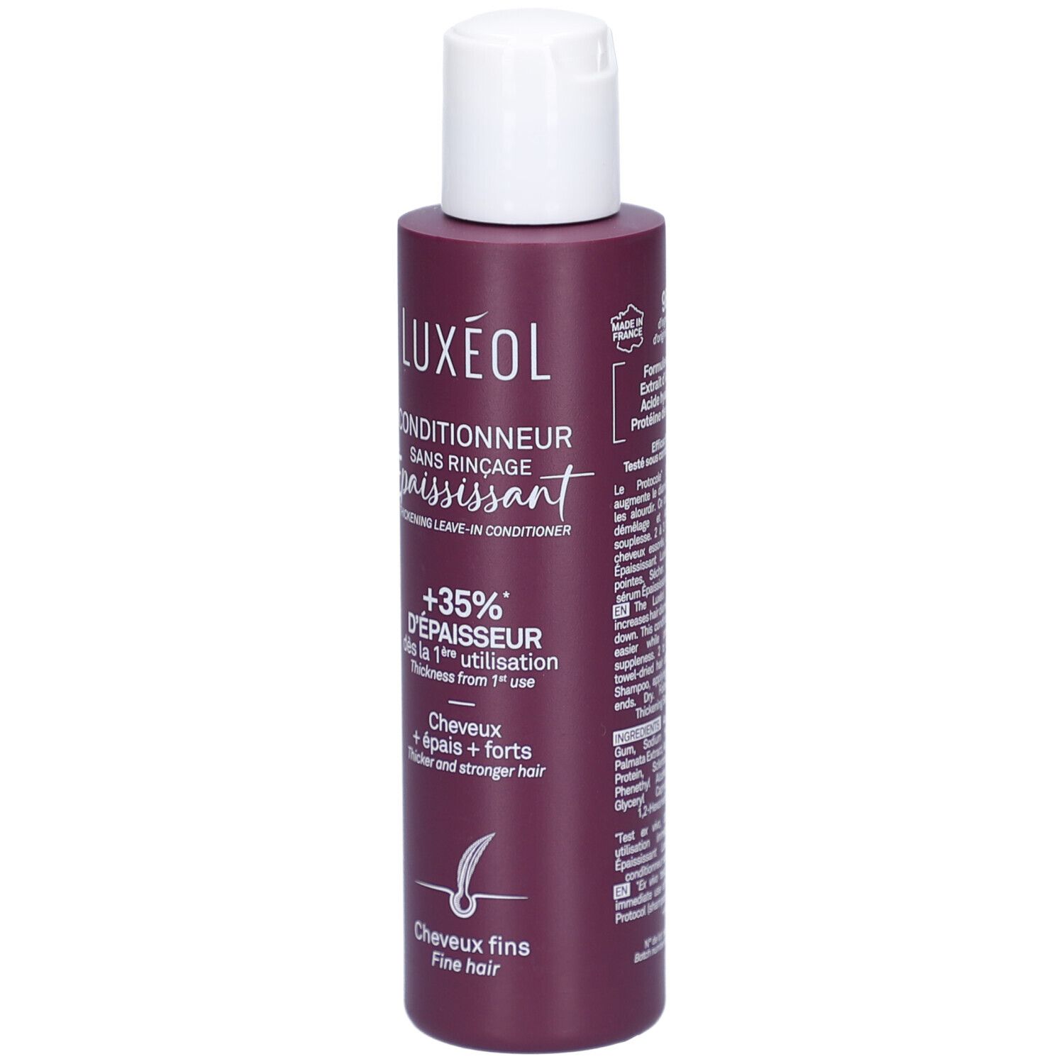 Flacon bordeaux LUXÉOL Conditionneur Épaississant. Bouchon blanc. Texte: Conditionneur Sans Rinçage Épaississant, +35% D'ÉPAISSEUR.
