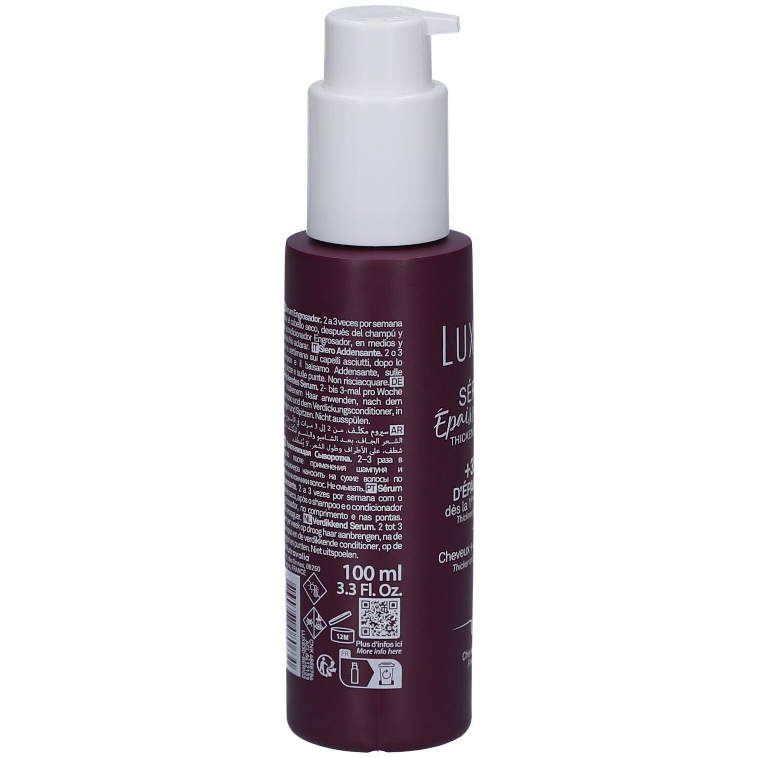 Flacon avec pompe blanche. Dos avec texte multilingue. En bas : 100 ml, 3.3 fl.oz. Code QR et pictogrammes.