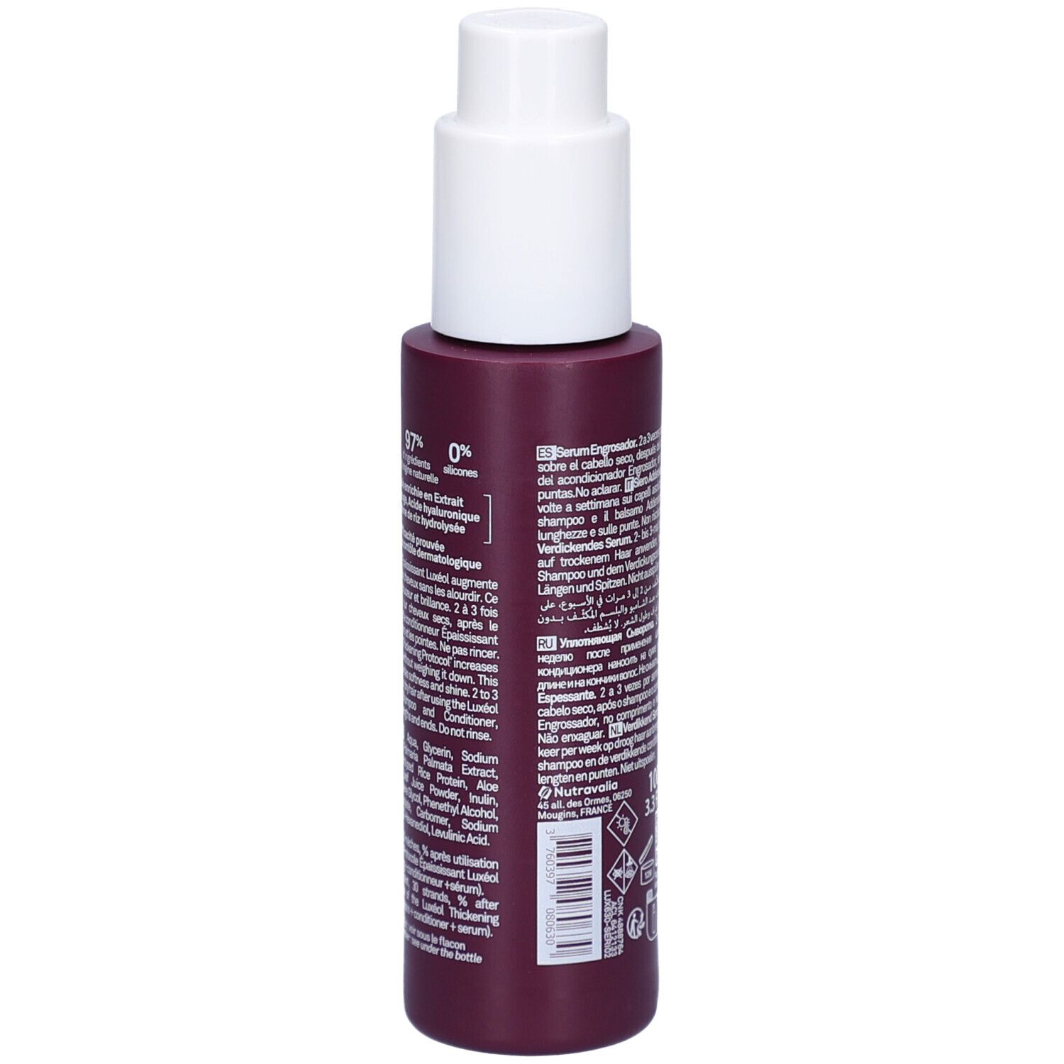 Flacon avec pompe blanche. Dos avec texte multilingue. En haut : 0% silicones. Pictogrammes et code-barres.
