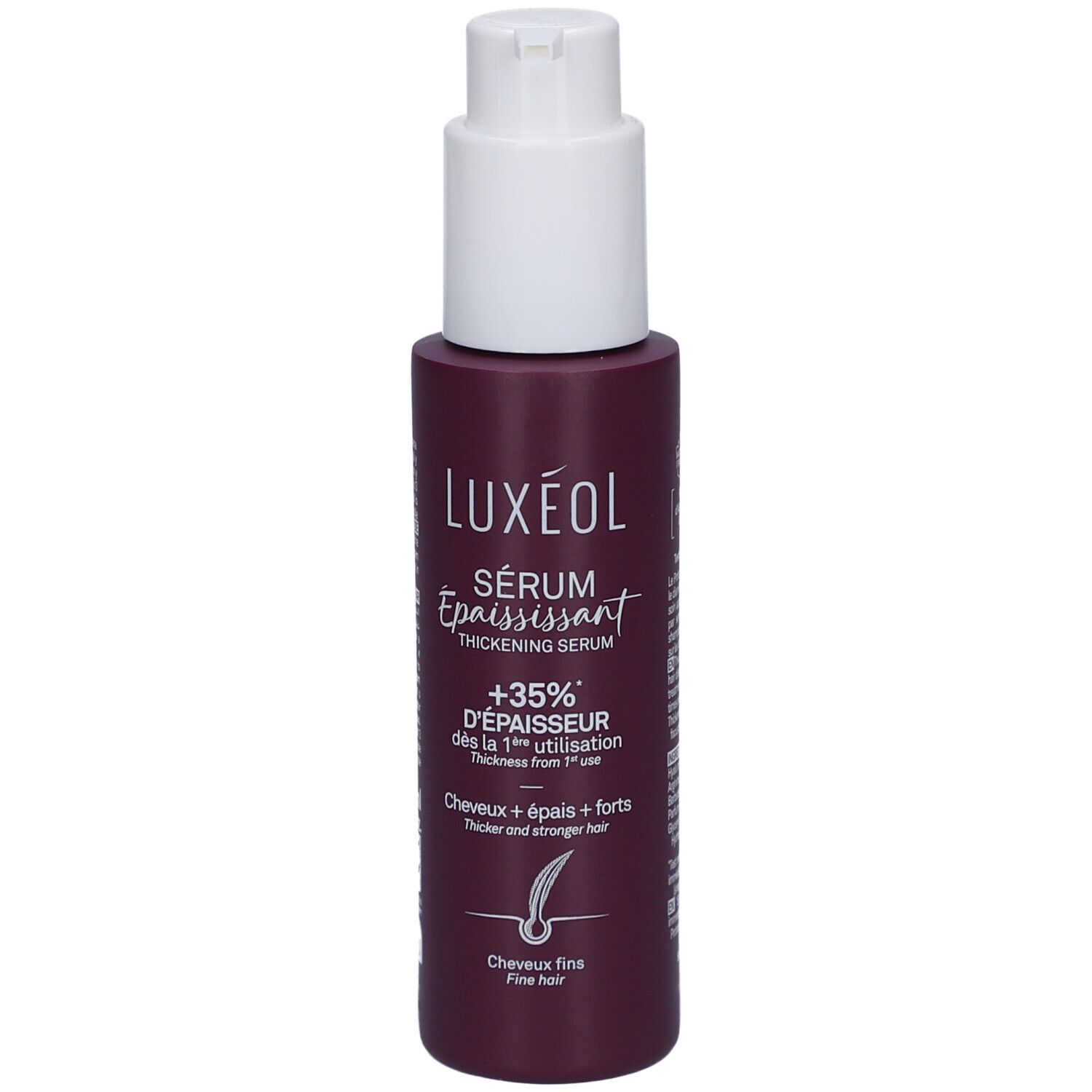 Flacon avec pompe blanche. Inscription LUXEOL Sérum, dessous "Sérum Épaississant". Texte : +35% d'épaisseur. Pour cheveux fins.