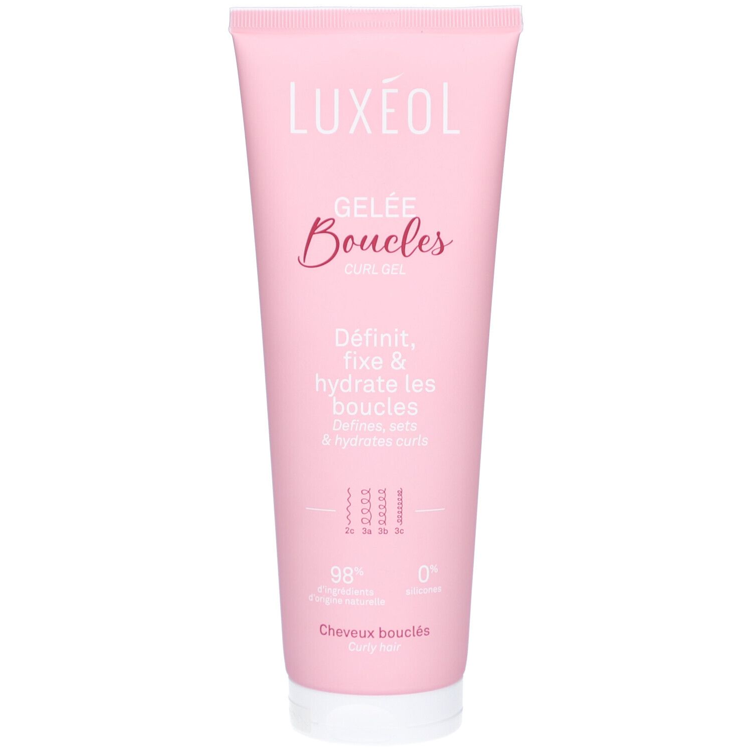 Tube rose avec bouchon blanc. Inscription LUXEOL, Gelée Boucles. Texte: Définit, fixe & hydrate les boucles. 98% ingrédients naturels.