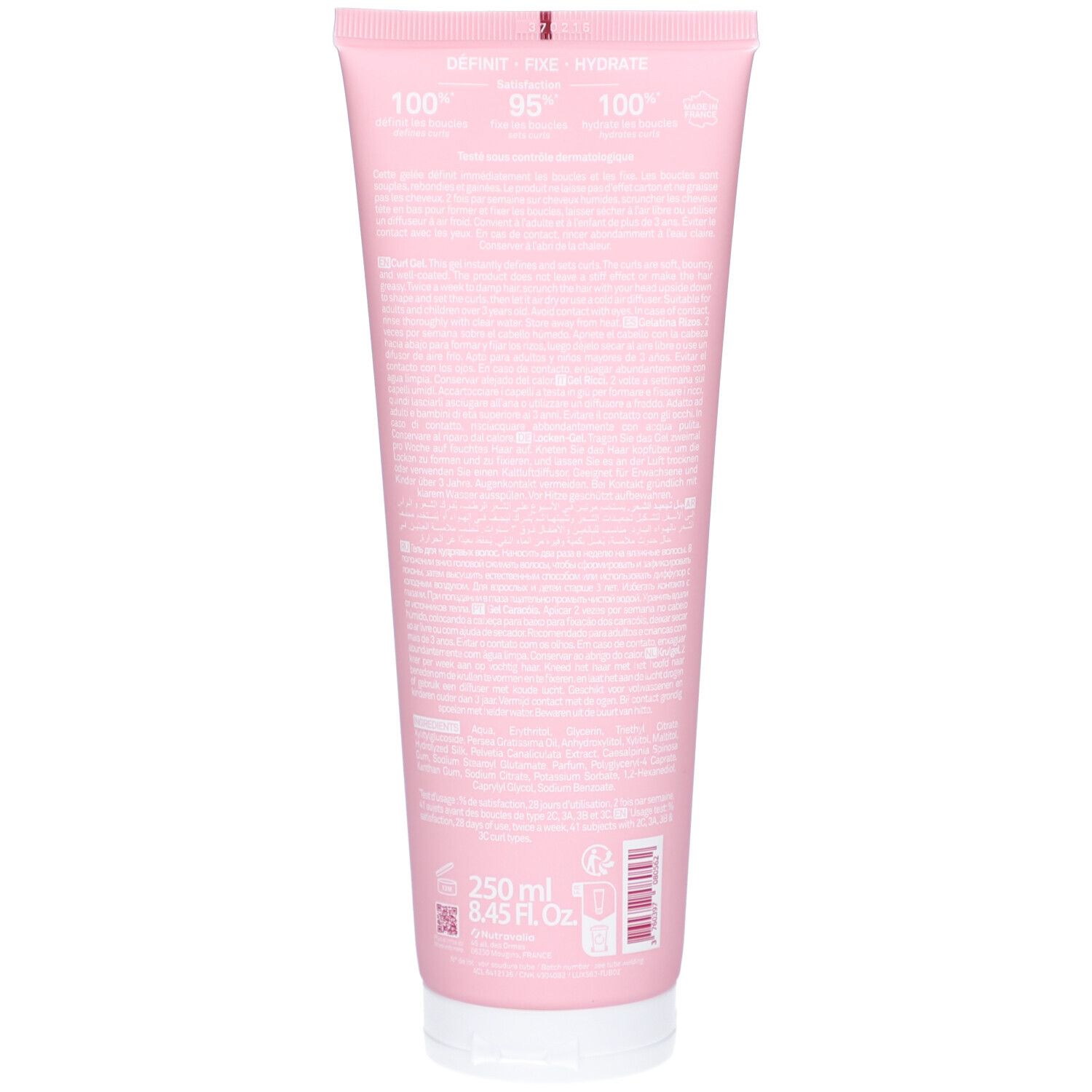 Dos d'un tube rose. Texte: Définit, fixe & hydrate. Informations sur les ingrédients et certifications. Volume: 250 ml.