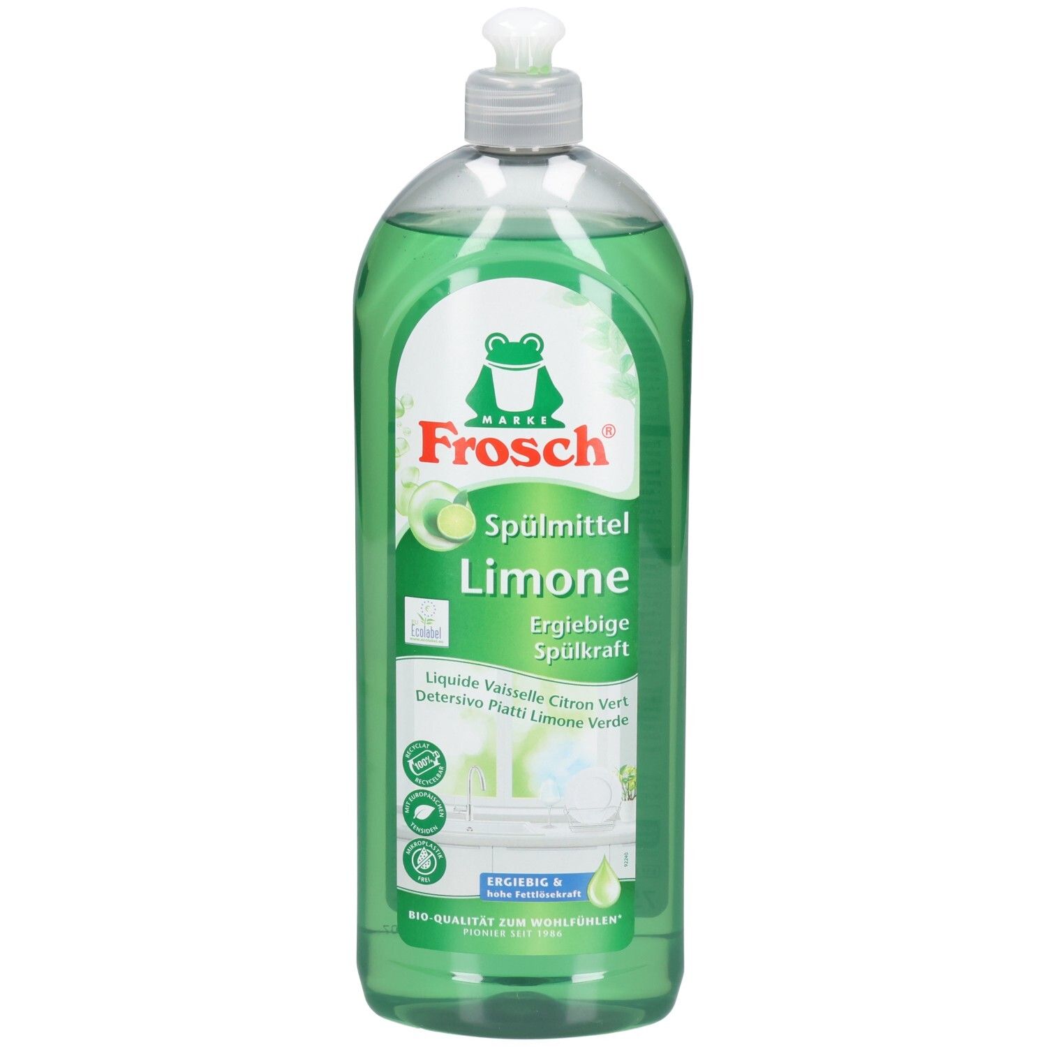 Bouteille de liquide vaisselle vert. Inscription: Frosch Spülmittel Limone. Étiquette verte avec logo Frosch et informations produit.