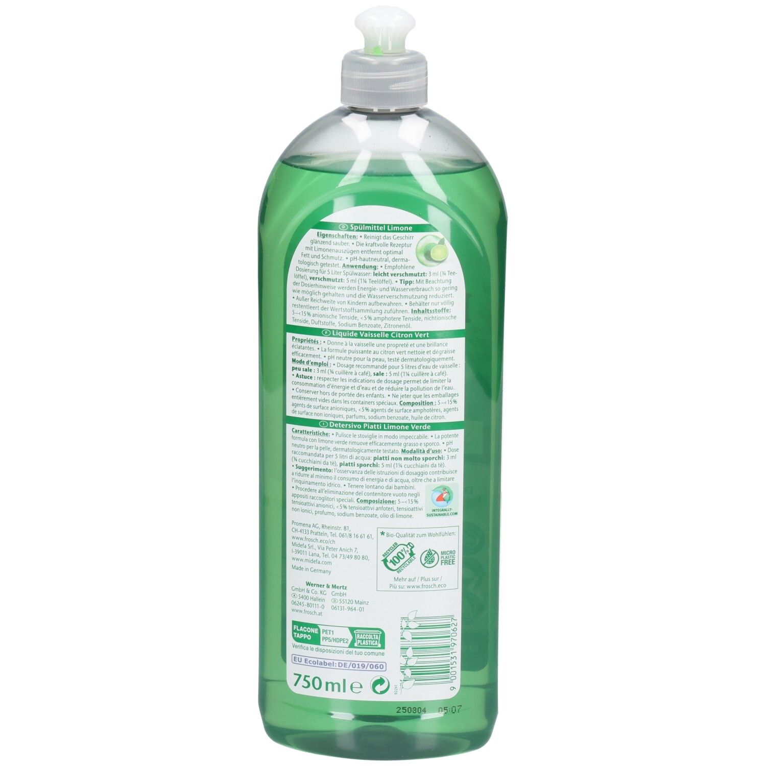 Dos de la bouteille de liquide vaisselle. Contient du texte en plusieurs langues, dont l'allemand, le français, l'italien et le néerlandais.