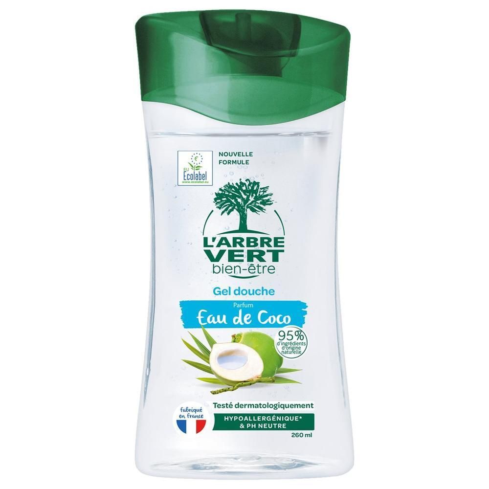 Flacon transparent avec bouchon vert. Inscription: L'ARBRE VERT bien-être, Gel douche Eau de Coco. Illustration noix de coco. Logo Ecocert.