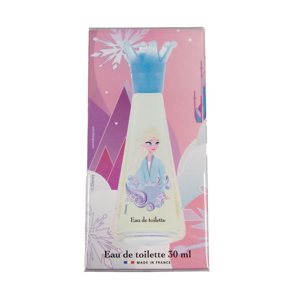Flacon de parfum avec illustration d'Elsa. Inscription : Eau de toilette 30 ml. Emballage avec motif Elsa.