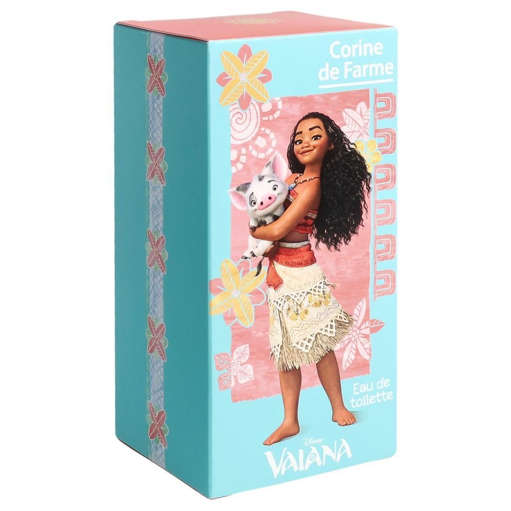 Boîte turquoise avec illustration Vaiana. "Corine de Farme" en haut. Motif sur le côté. Vaiana avec un cochon est sur le devant.