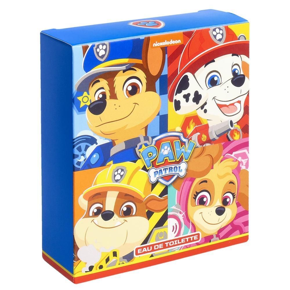 Boîte bleue avec motifs Paw Patrol. Inscription: Paw Patrol, Eau de Toilette. Représentation des personnages Chase, Marshall, Rubble et Skye.