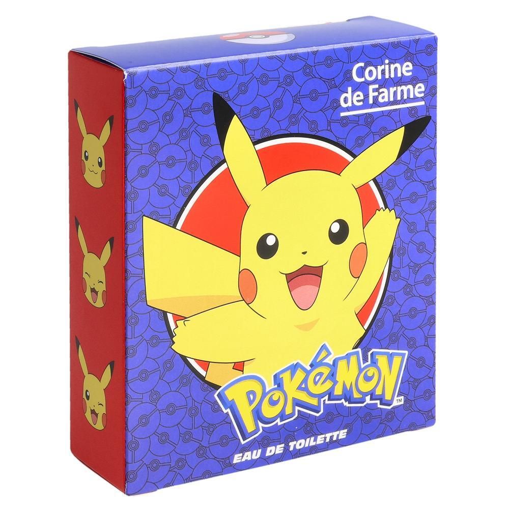 Boîte avec illustration Pikachu. Marque Corine de Farme. Pokémon Eau de Toilette. Couleurs bleu et rouge.
