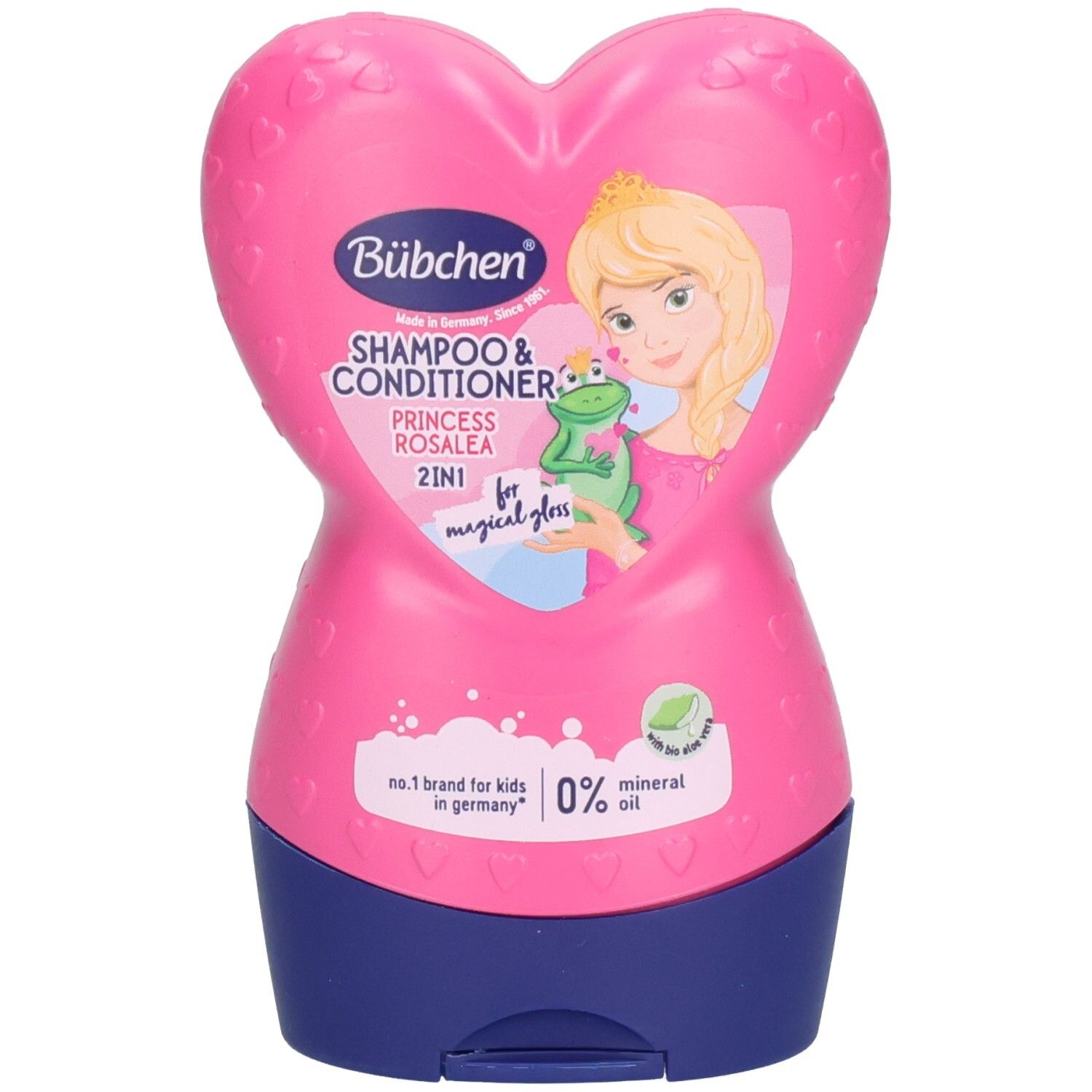 Flacon de shampooing rose en forme de cœur. Inscription: Princesse Rosalea, Bübchen, 2en1 Shampooing & Après-shampooing. Illustration princesse et grenouille.