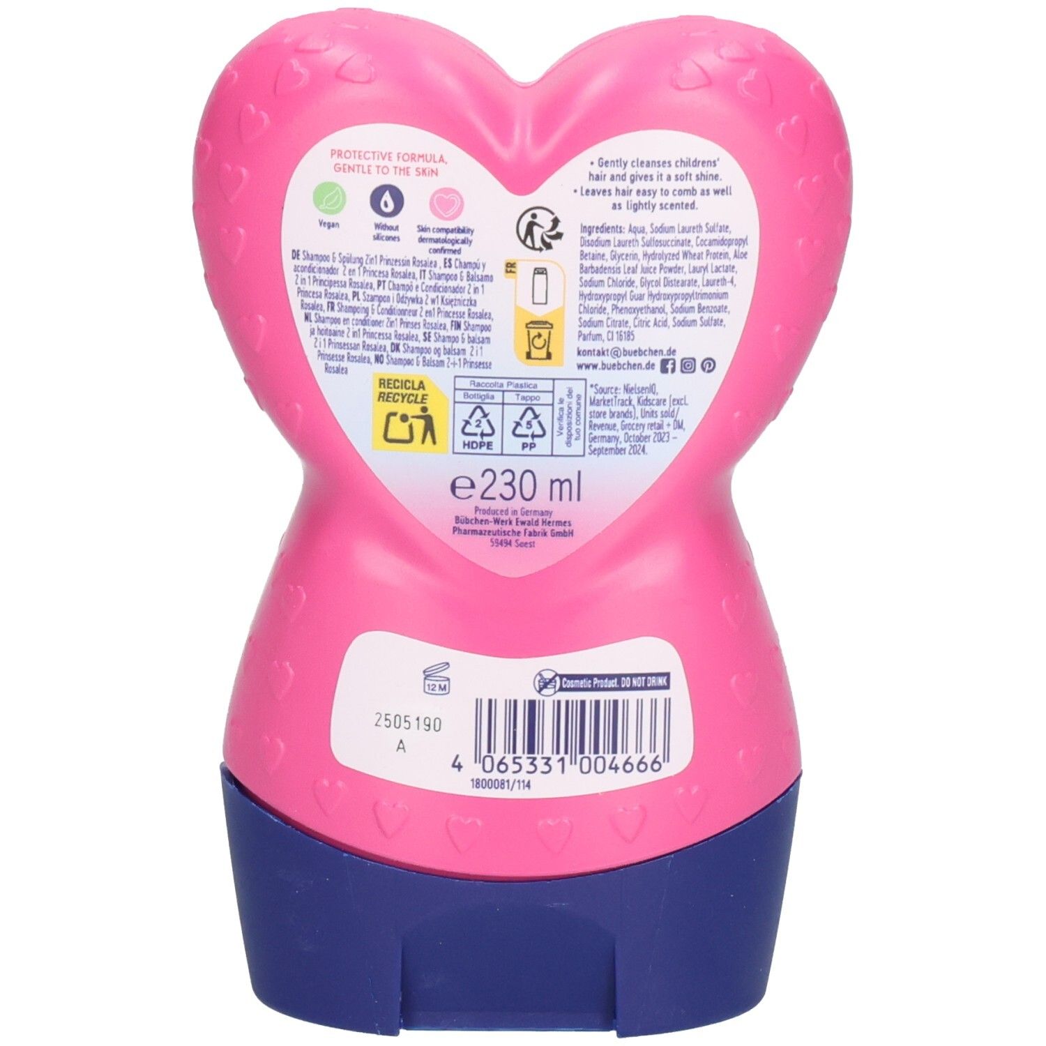 Dos du flacon de shampooing rose. Texte: ingrédients, instructions d'utilisation, symbole de recyclage. En bas: code-barres et indication de volume.