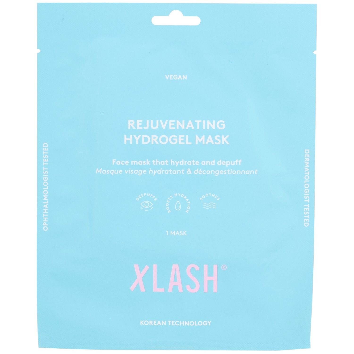 Emballage bleu clair XLASH. Texte: Rejuvenating Hydrogel Mask, vegan, testé dermatologiquement. Contient un masque.