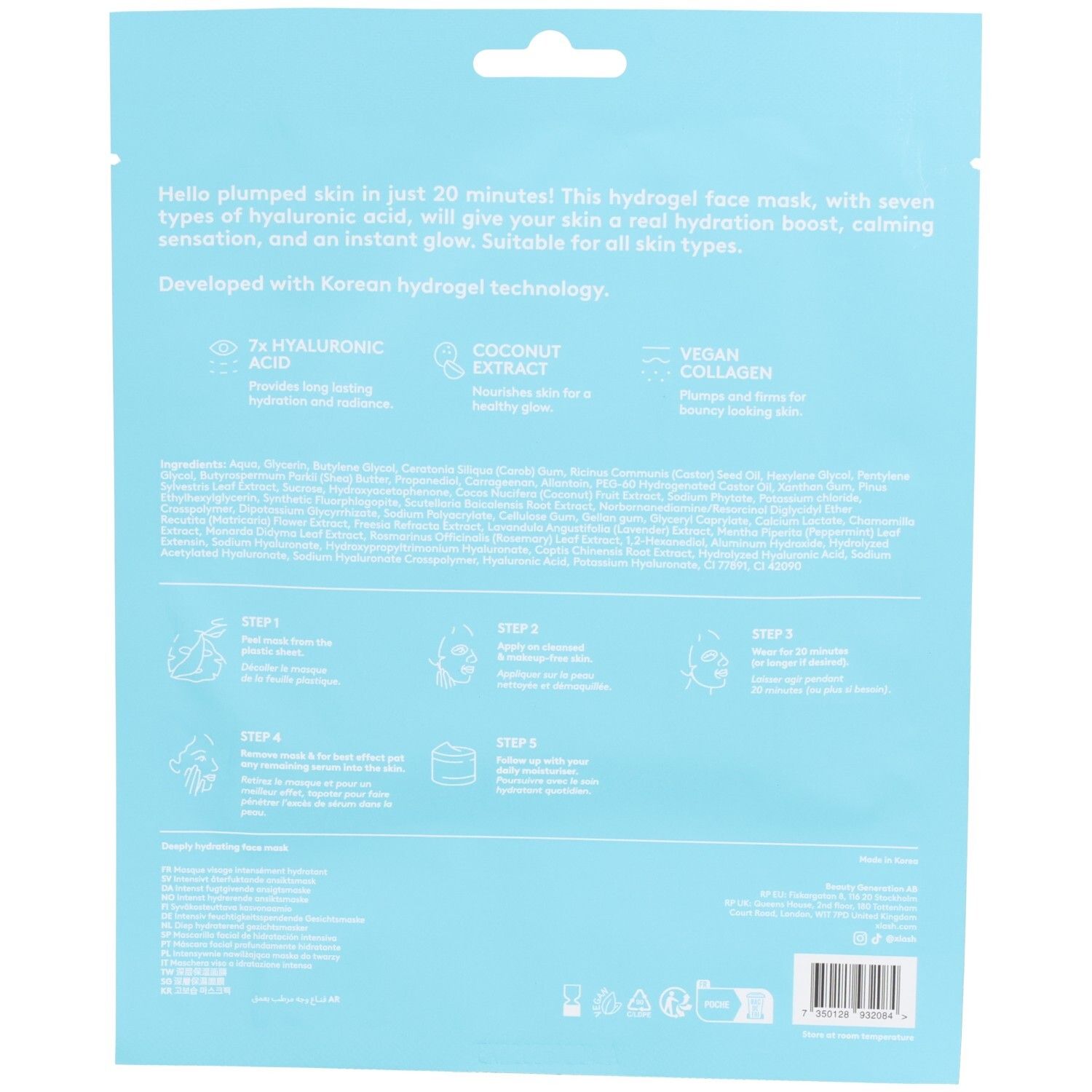 Dos de l'emballage bleu clair XLASH. Texte: 7x Acide hyaluronique, extrait de noix de coco, collagène végétal. Instructions.