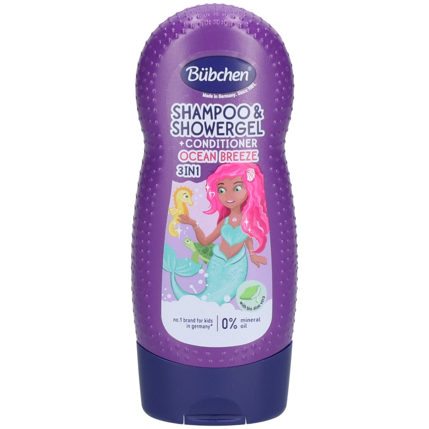 Flacon violet avec logo Bübchen, shampooing & gel douche, illustration de sirène. Produit 3 en 1 pour enfants.