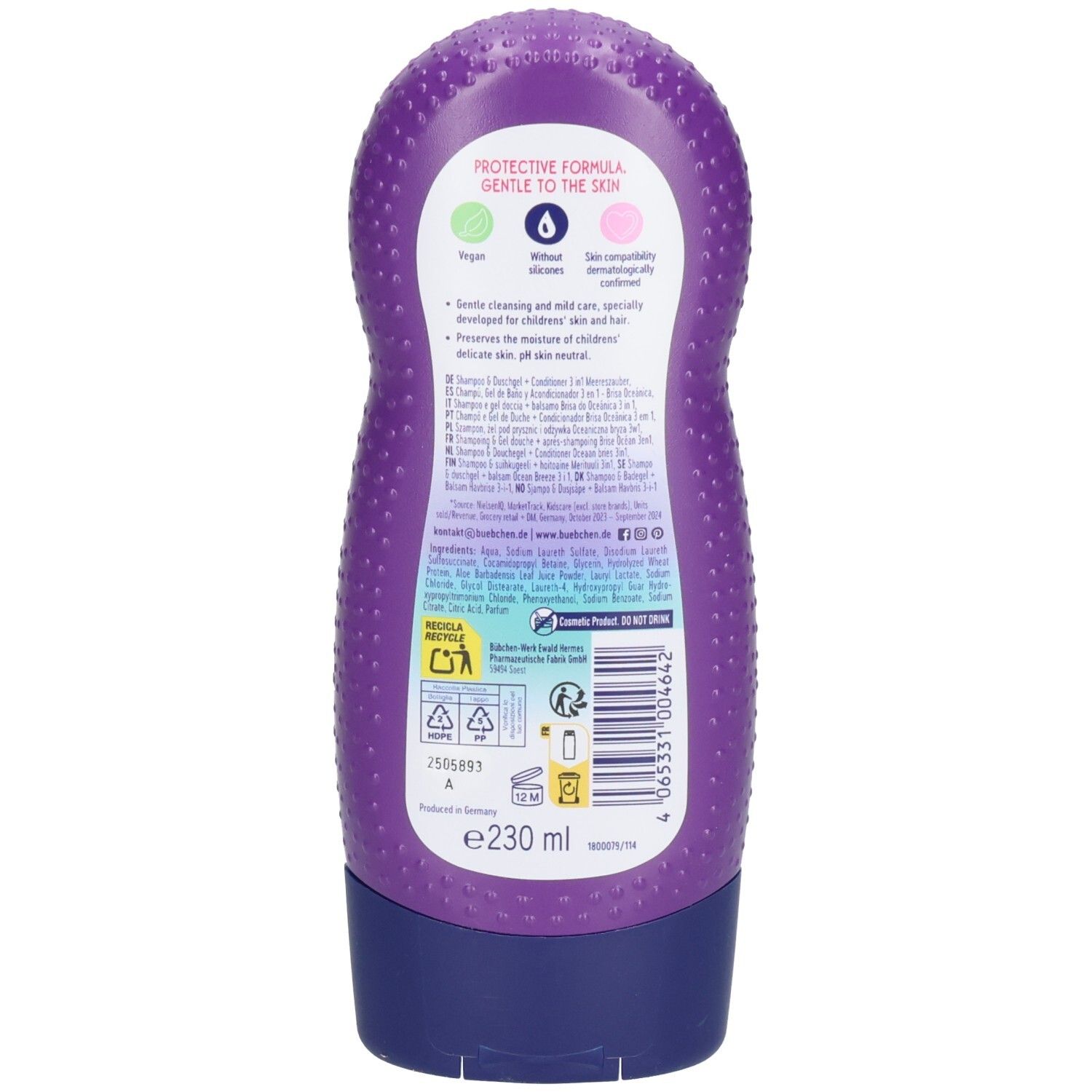 Dos du flacon violet. Texte: Protective Formula, ingrédients, symboles de recyclage, 230 ml.
