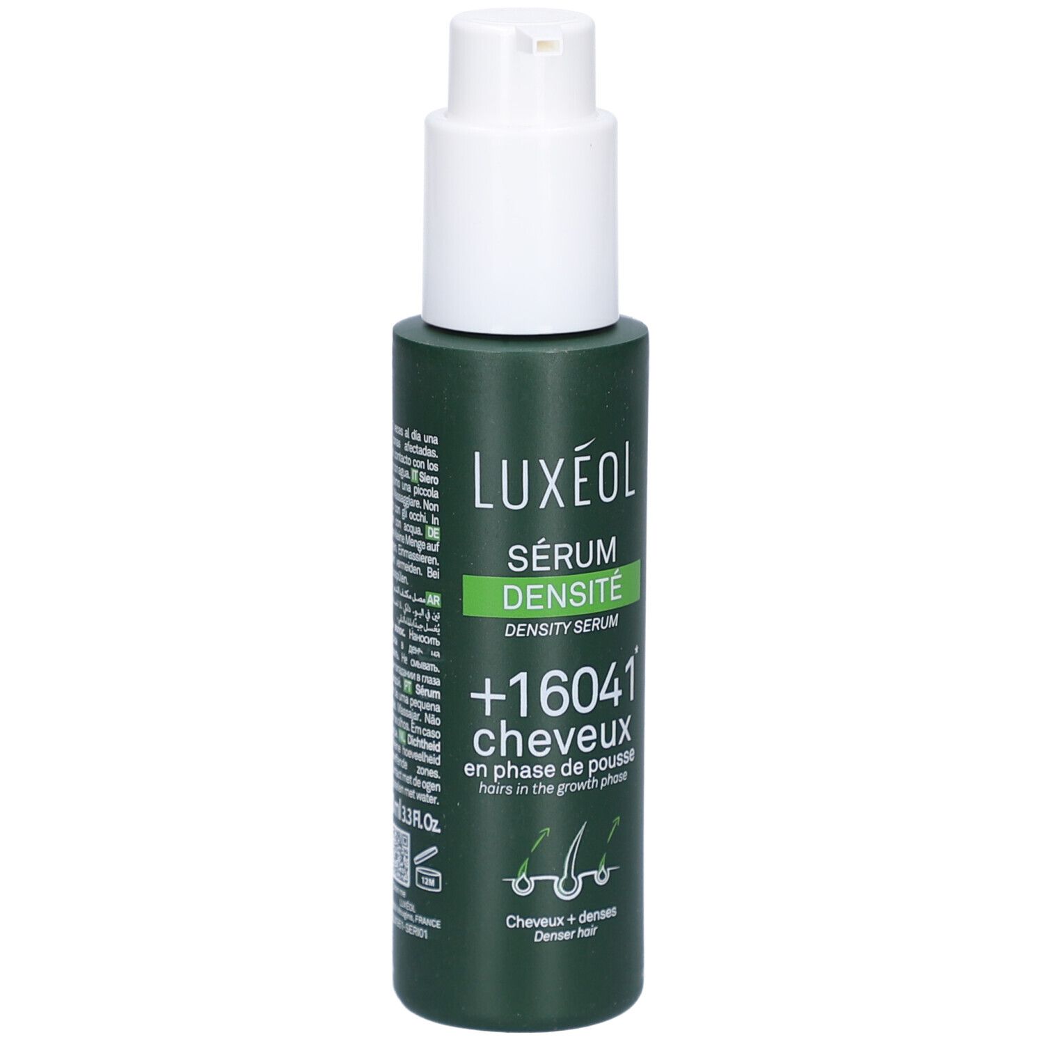 Flacon vert avec pompe blanche. Inscription: LUXEOL, Sérum Densité, +16041 cheveux. Illustration de cheveux.