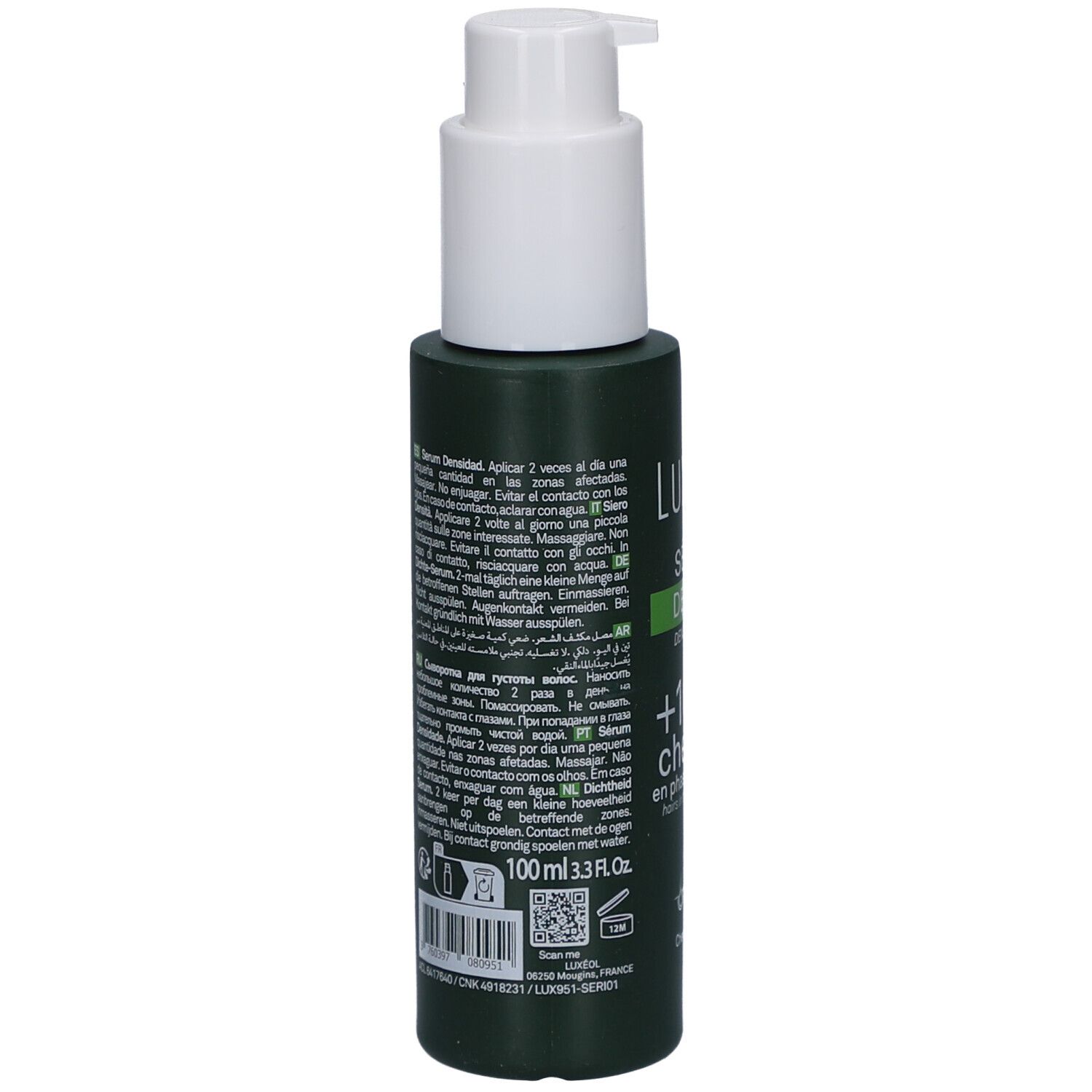 Flacon vert avec pompe blanche. Dos avec texte multilingue. Code QR et code-barres.