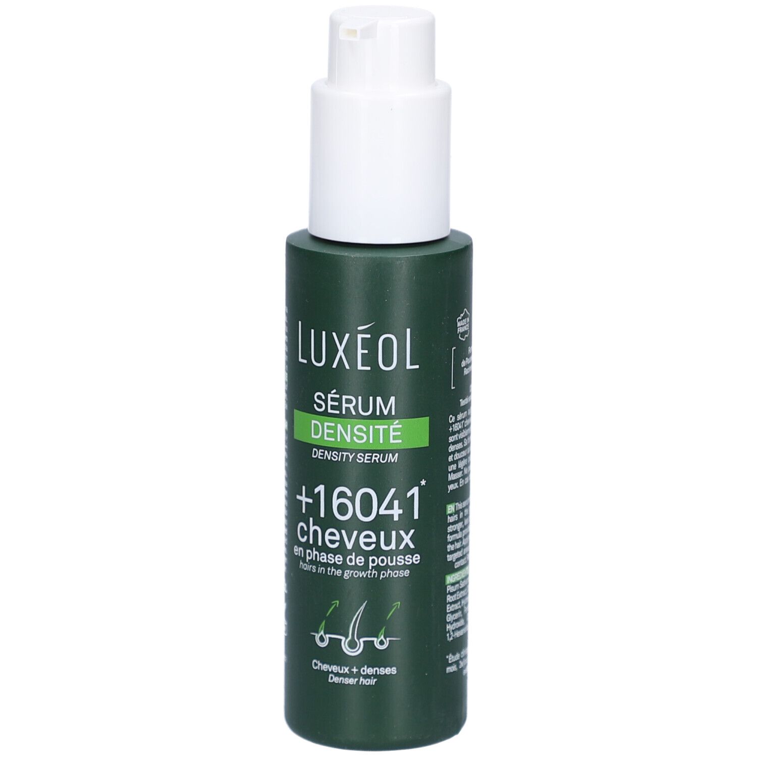 Flacon vert avec pompe blanche. Inscription: LUXEOL, Sérum Densité, +16041 cheveux. Illustration de cheveux.