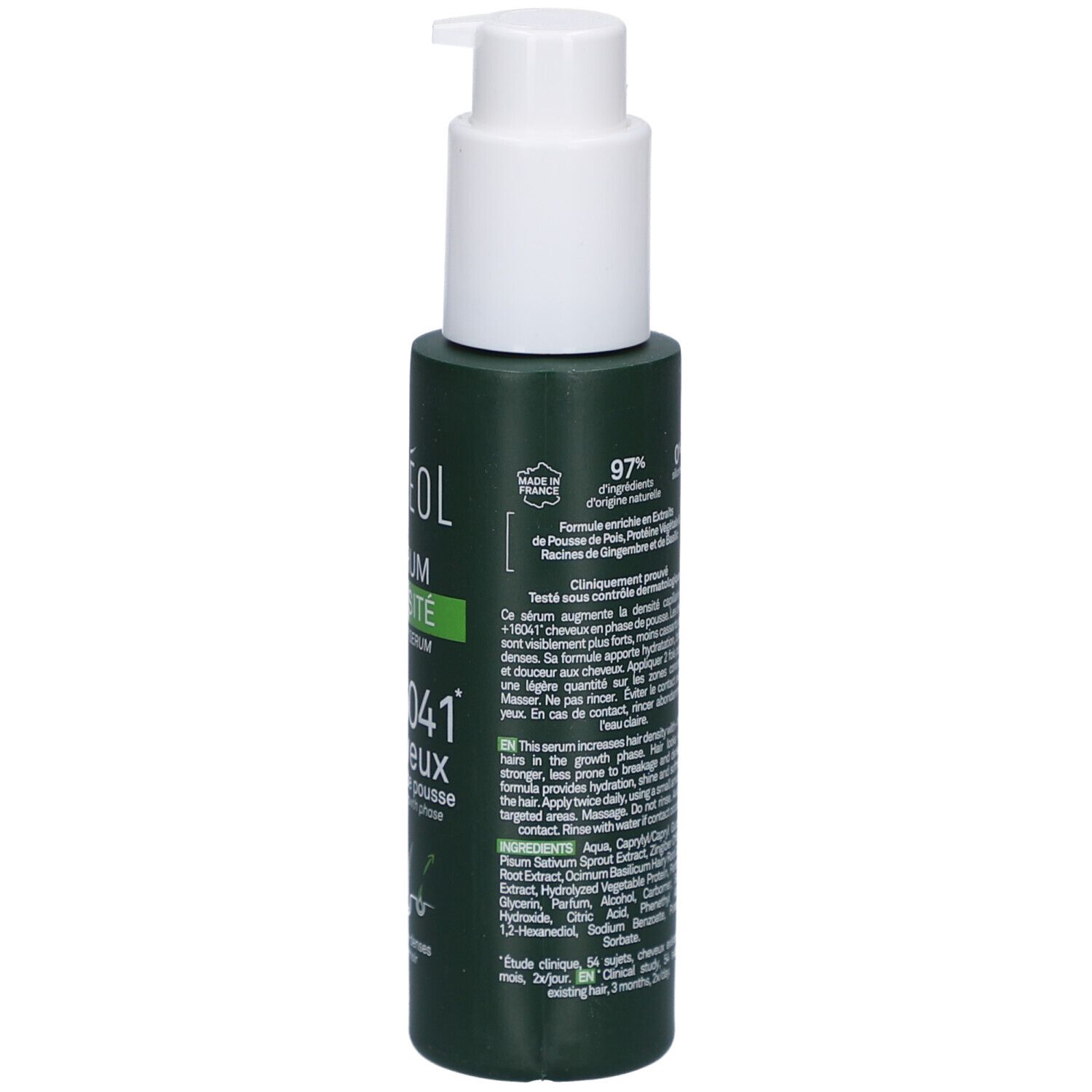 Flacon vert avec pompe blanche. Dos avec texte et pourcentages. Ingrédients listés.
