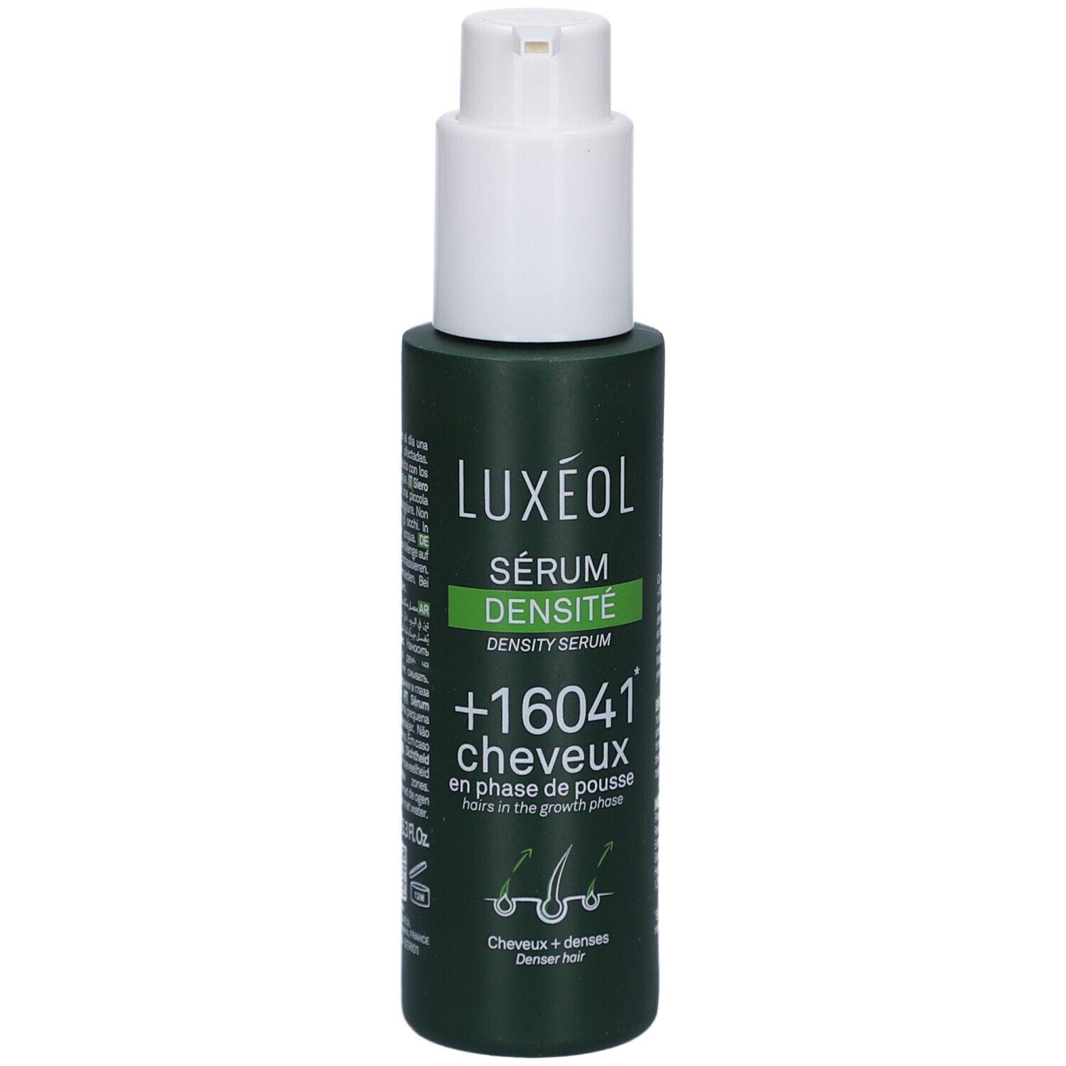 Flacon vert avec pompe blanche. Inscription: LUXEOL, Sérum Densité, +16041 cheveux. Illustration de cheveux.