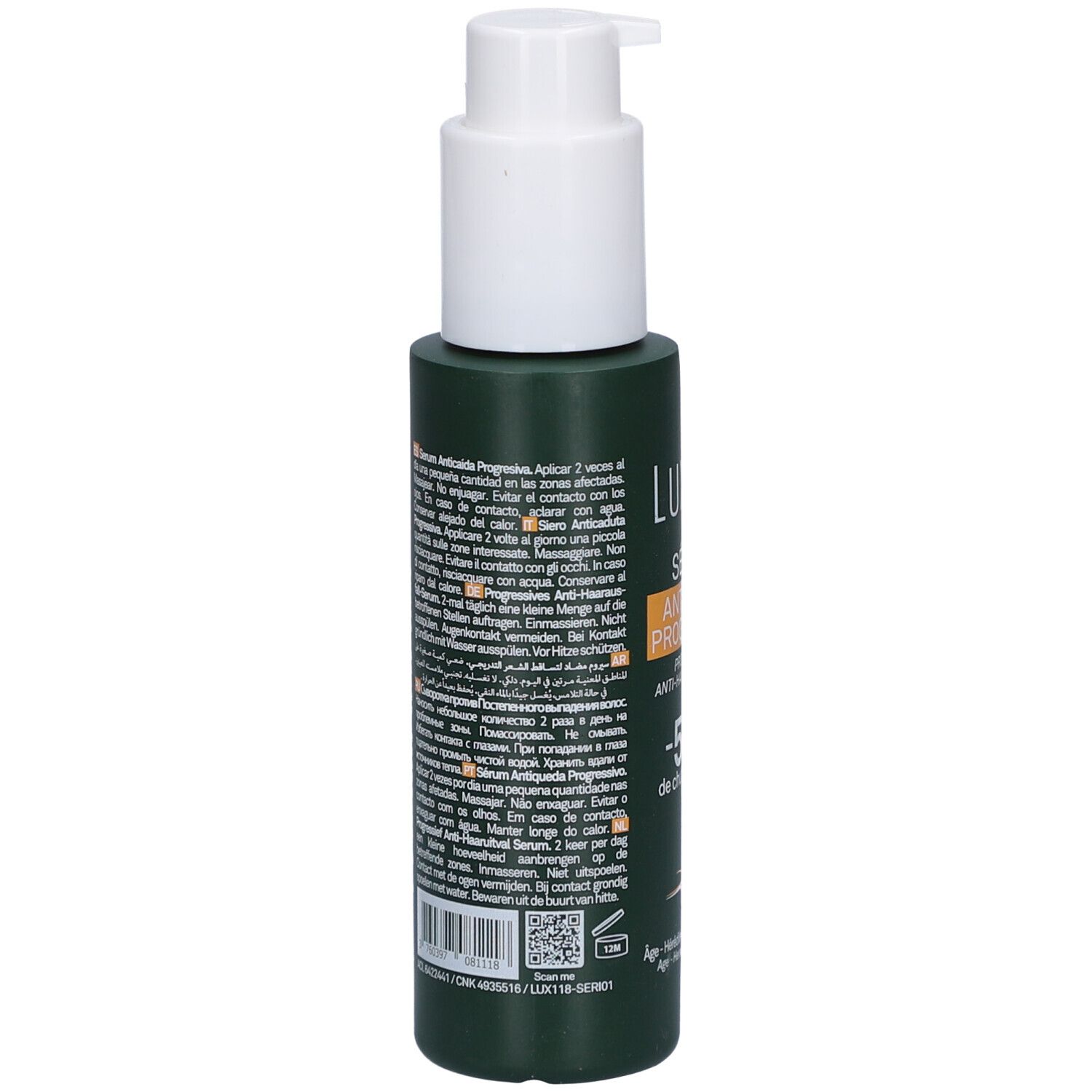 Flacon vert avec pompe blanche. Dos avec texte. LUXÉOL Sérum Antichute Progressive. Étiquette produit.