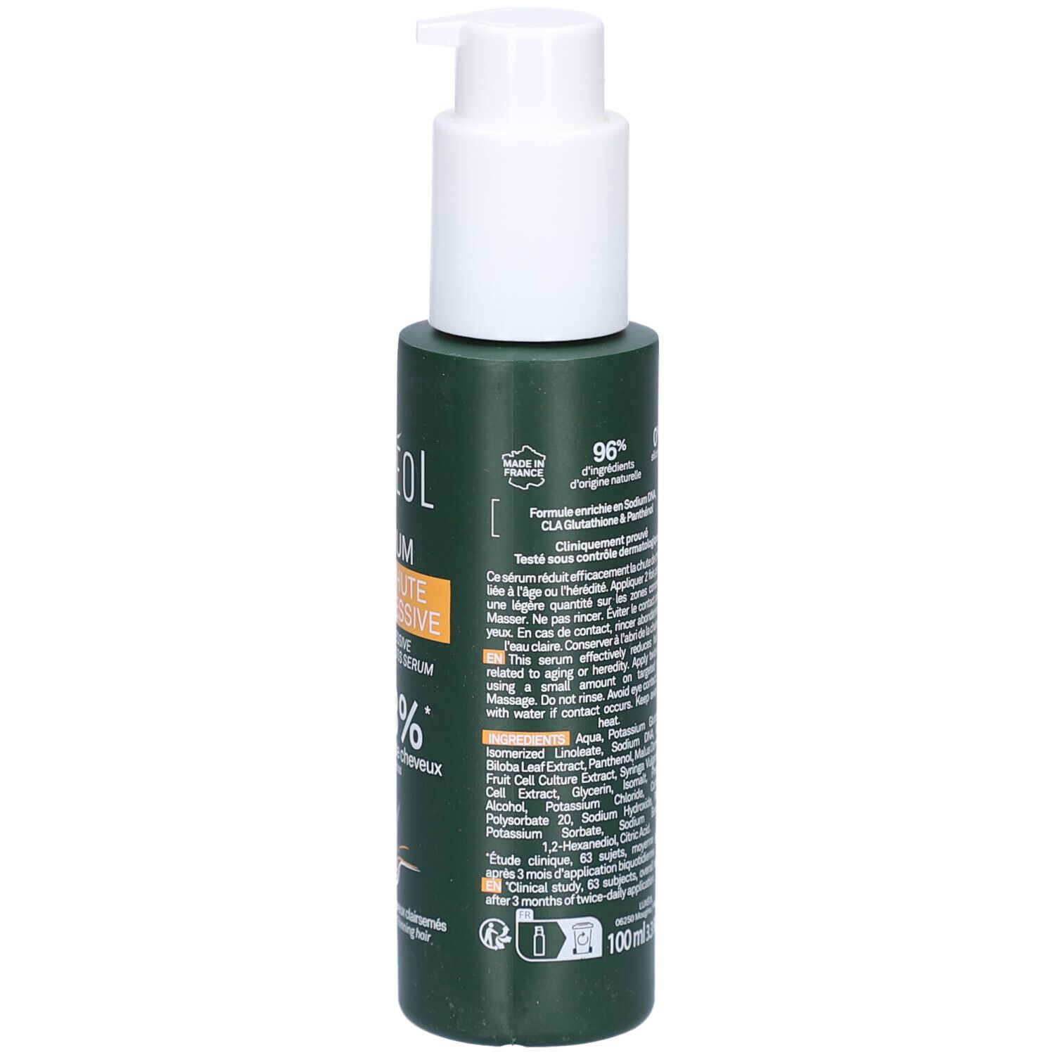 Flacon vert avec pompe blanche. Dos avec texte. LUXÉOL Sérum Antichute Progressive. 100 ml.