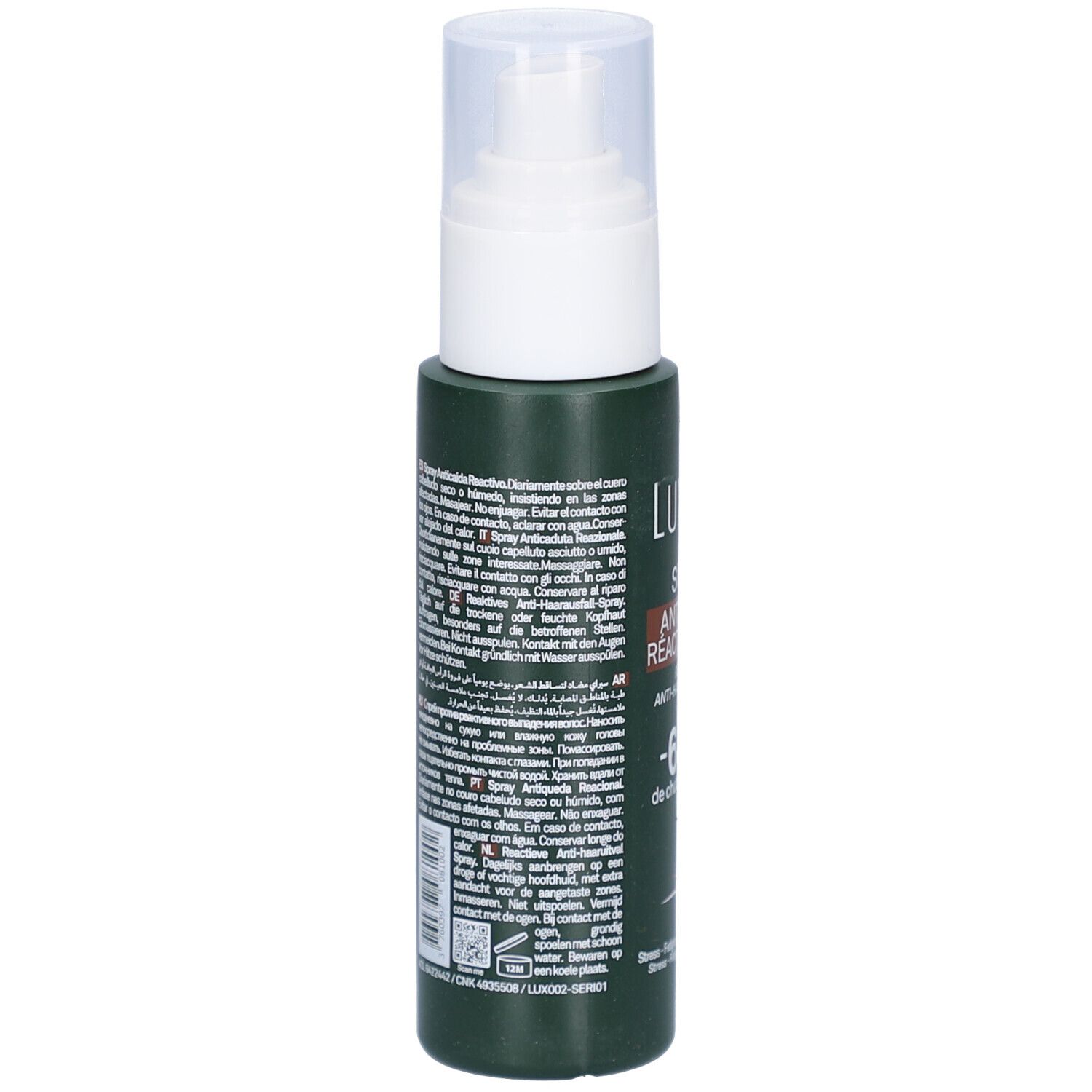 Flacon spray vert avec tête blanche. Dos avec texte en plusieurs langues.