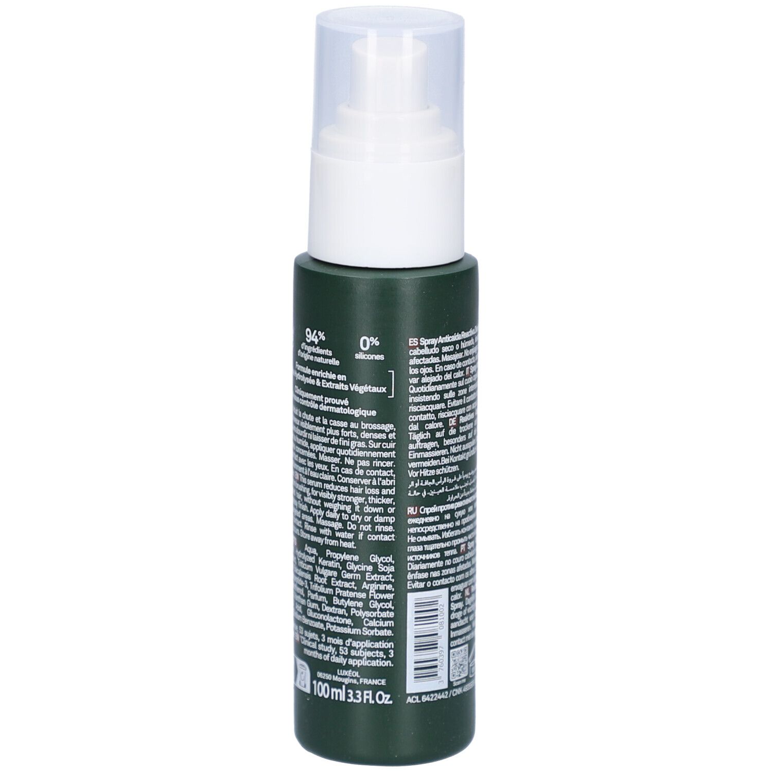 Flacon spray vert avec tête blanche. Dos avec texte, 94% ingrédients d'origine naturelle.