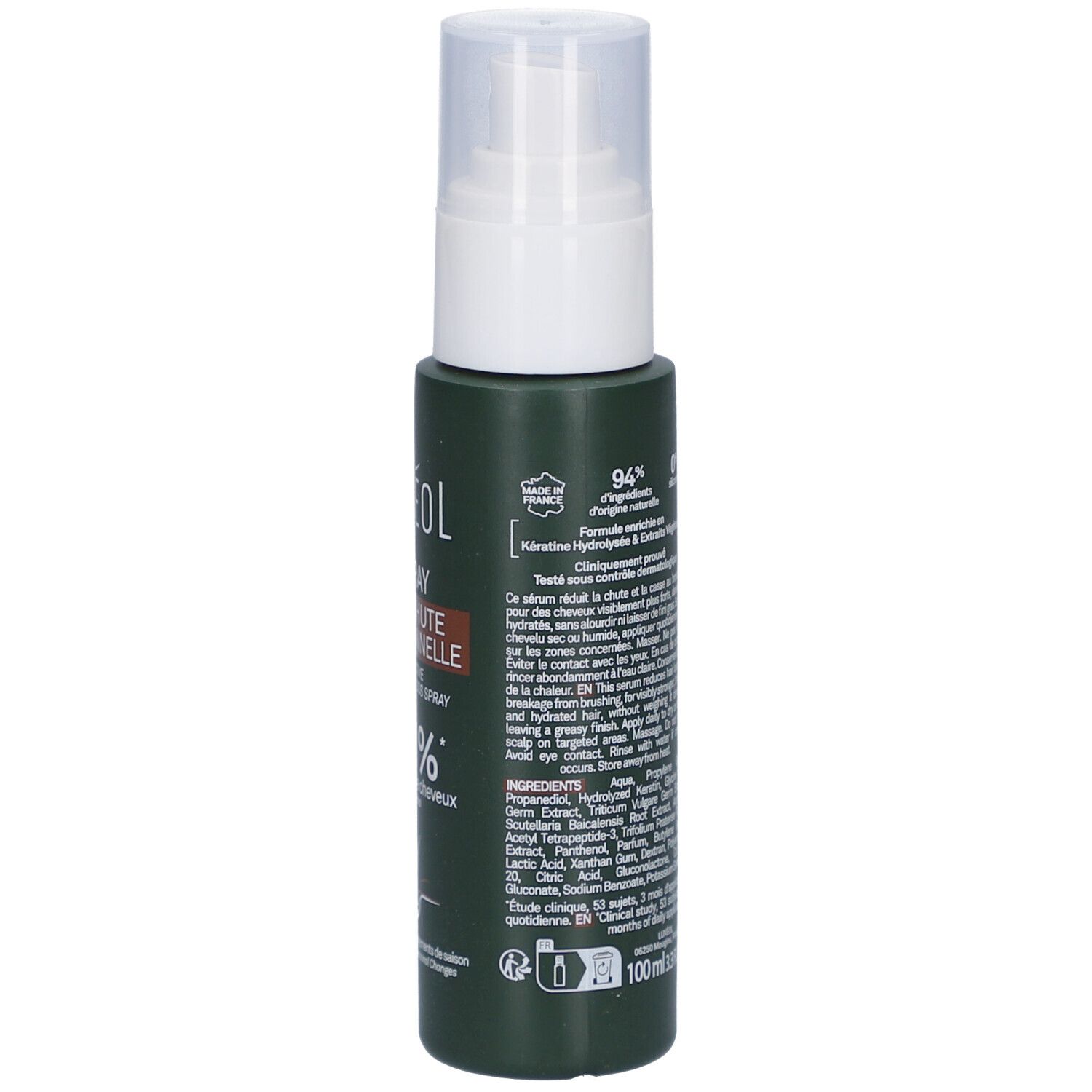 Flacon spray vert avec tête blanche. Texte: LUXEOL, Spray Antichute Réactionnelle, -61% de chute de cheveux. Ingrédients.