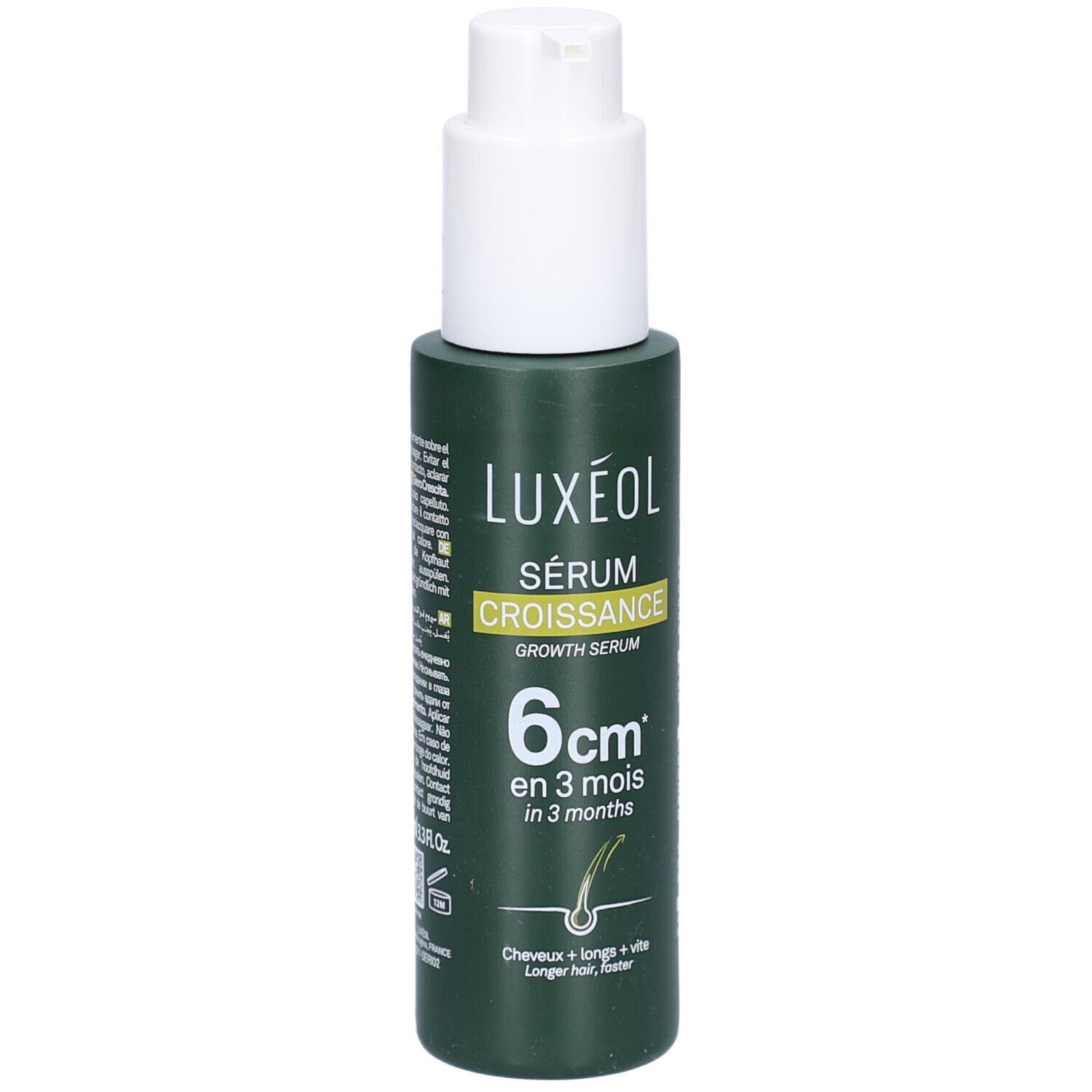 Flacon vert avec pompe blanche. Inscription: LUXÉOL Sérum Croissance, 6cm en 3 mois. Illustration de cheveux.