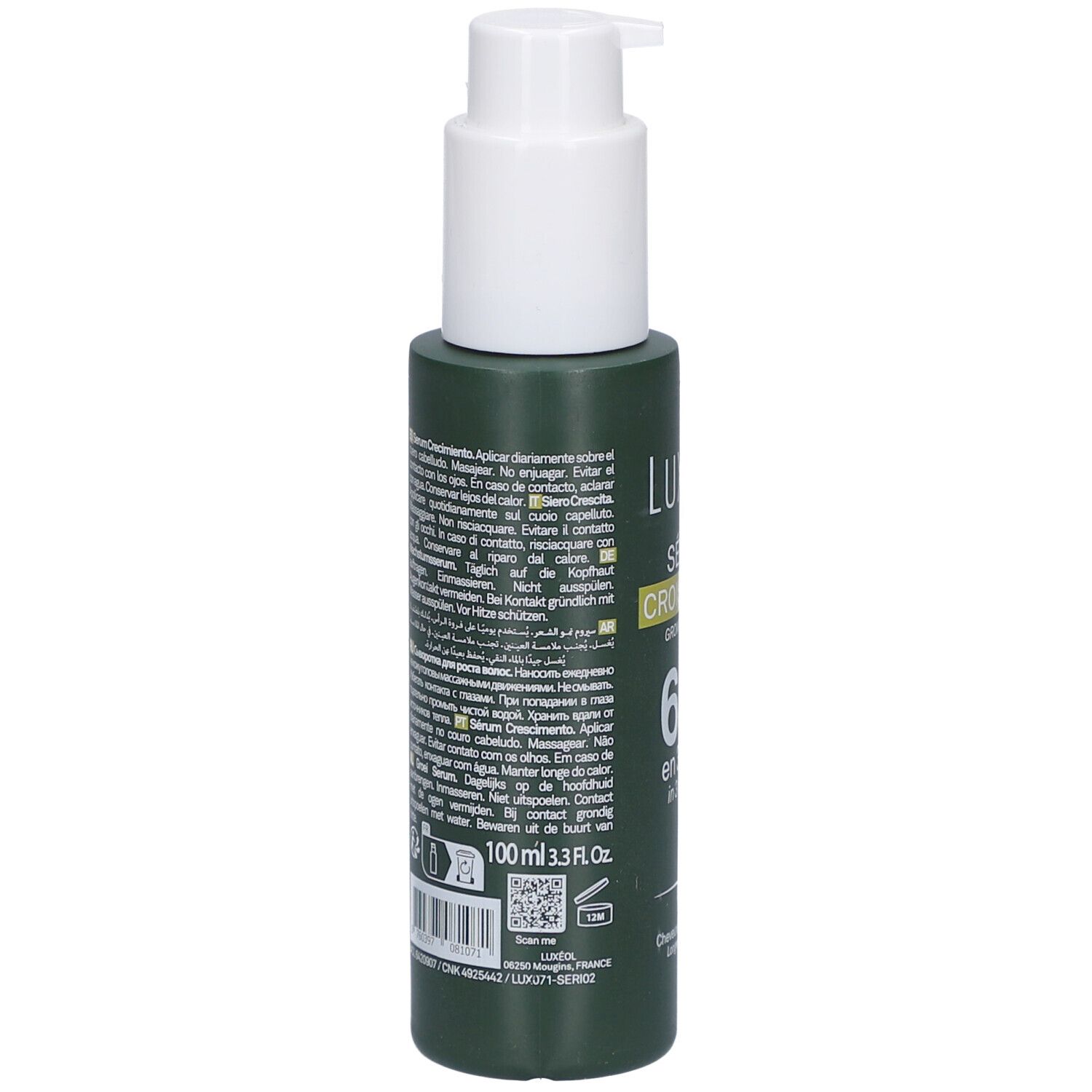 Flacon vert avec pompe blanche. Dos avec texte multilingue. Code QR et informations.