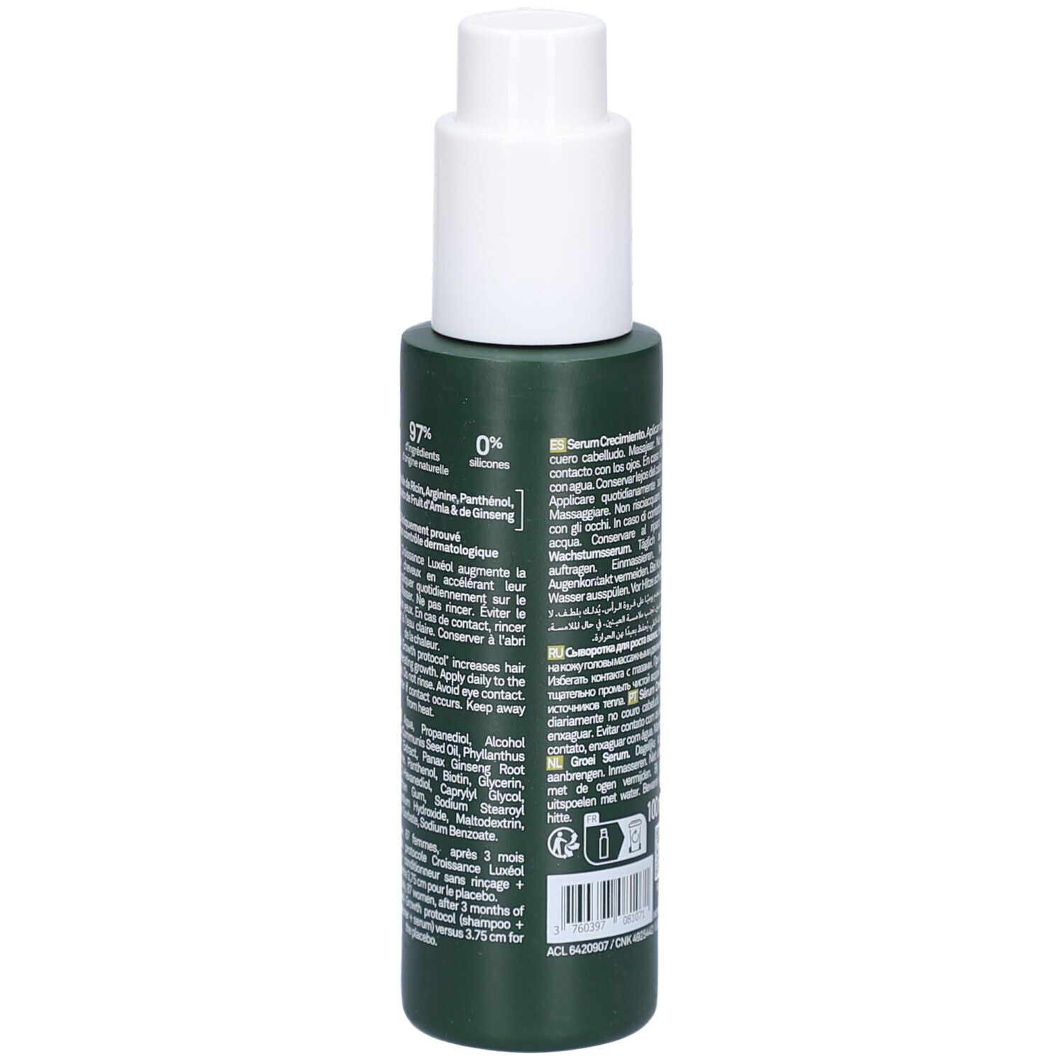 Flacon vert avec pompe blanche. Dos avec texte, ingrédients et pourcentages.