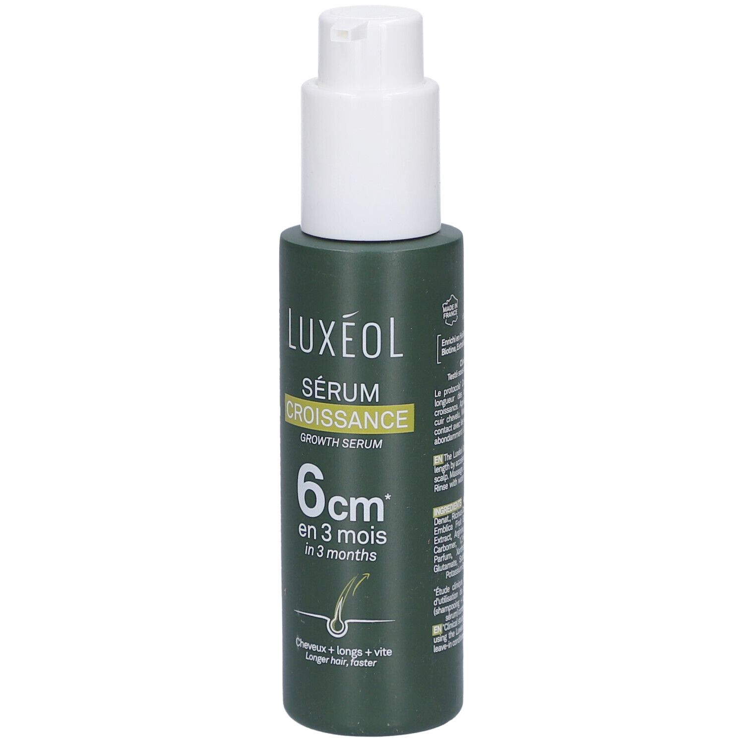 Flacon vert avec pompe blanche. Inscription: LUXÉOL Sérum Croissance, 6cm en 3 mois. Illustration de cheveux.