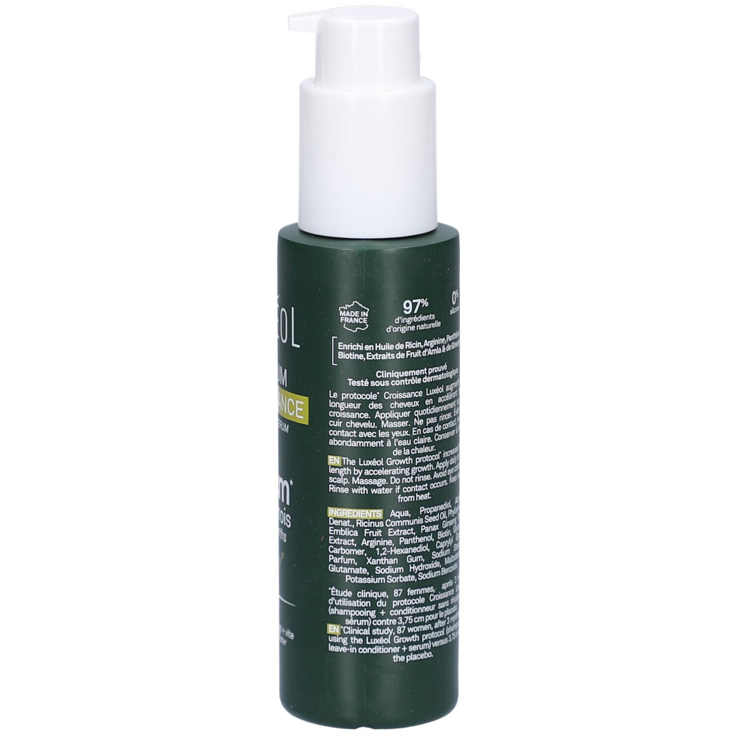 Flacon vert avec pompe blanche. Dos avec texte, ingrédients et pourcentages. Certifications.