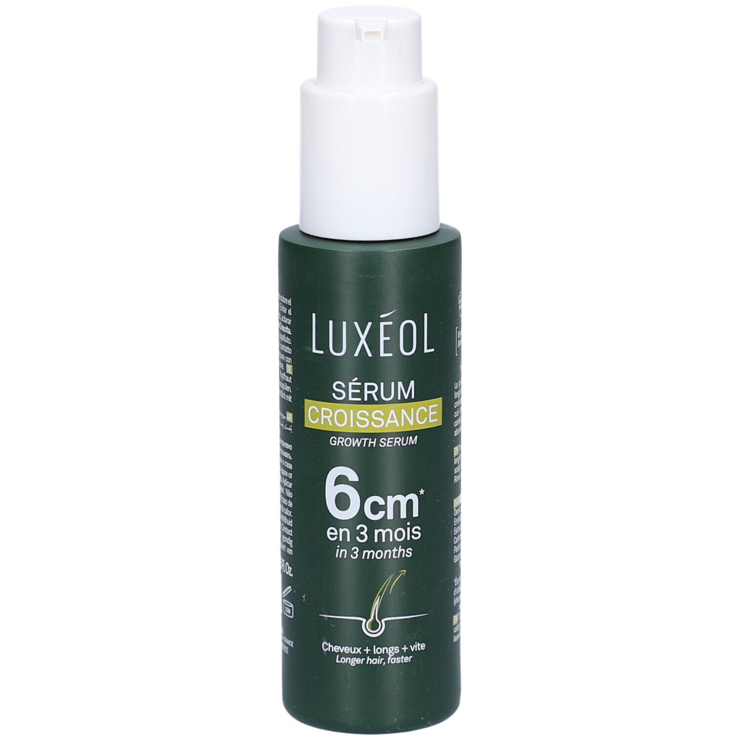 Flacon vert avec pompe blanche. Inscription: LUXÉOL Sérum Croissance, 6cm en 3 mois. Illustration de cheveux.