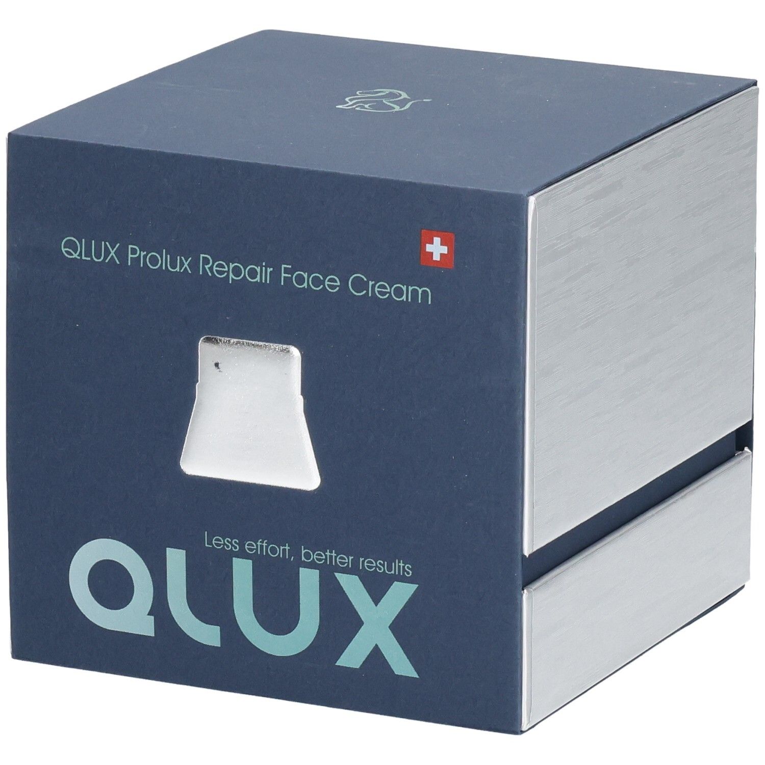 Boîte carrée bleu foncé, côtés argentés. QLUX Prolux Repair Face Cream. Croix suisse. Fenêtre.