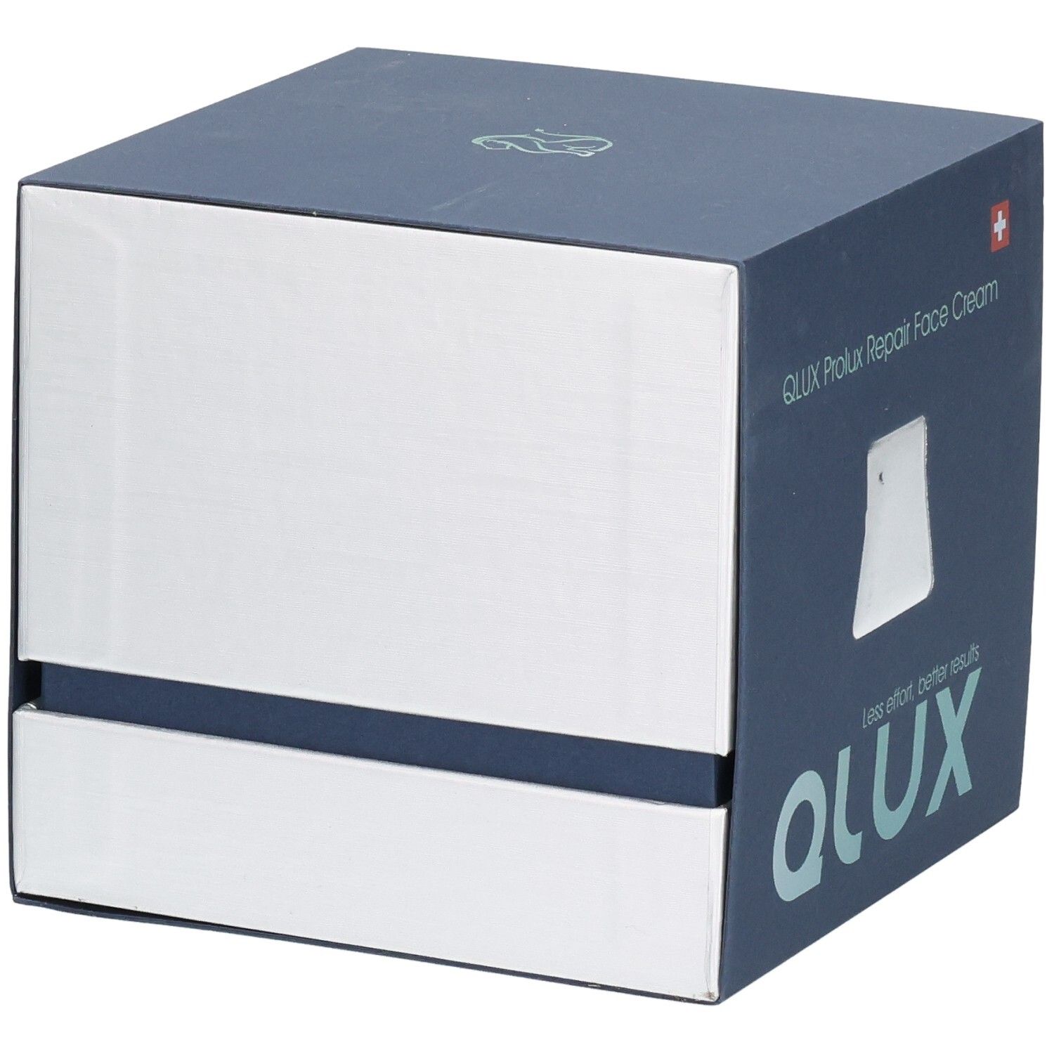 Boîte carrée bleu foncé, côtés argentés. QLUX Prolux Repair Face Cream. Croix suisse. Fenêtre.