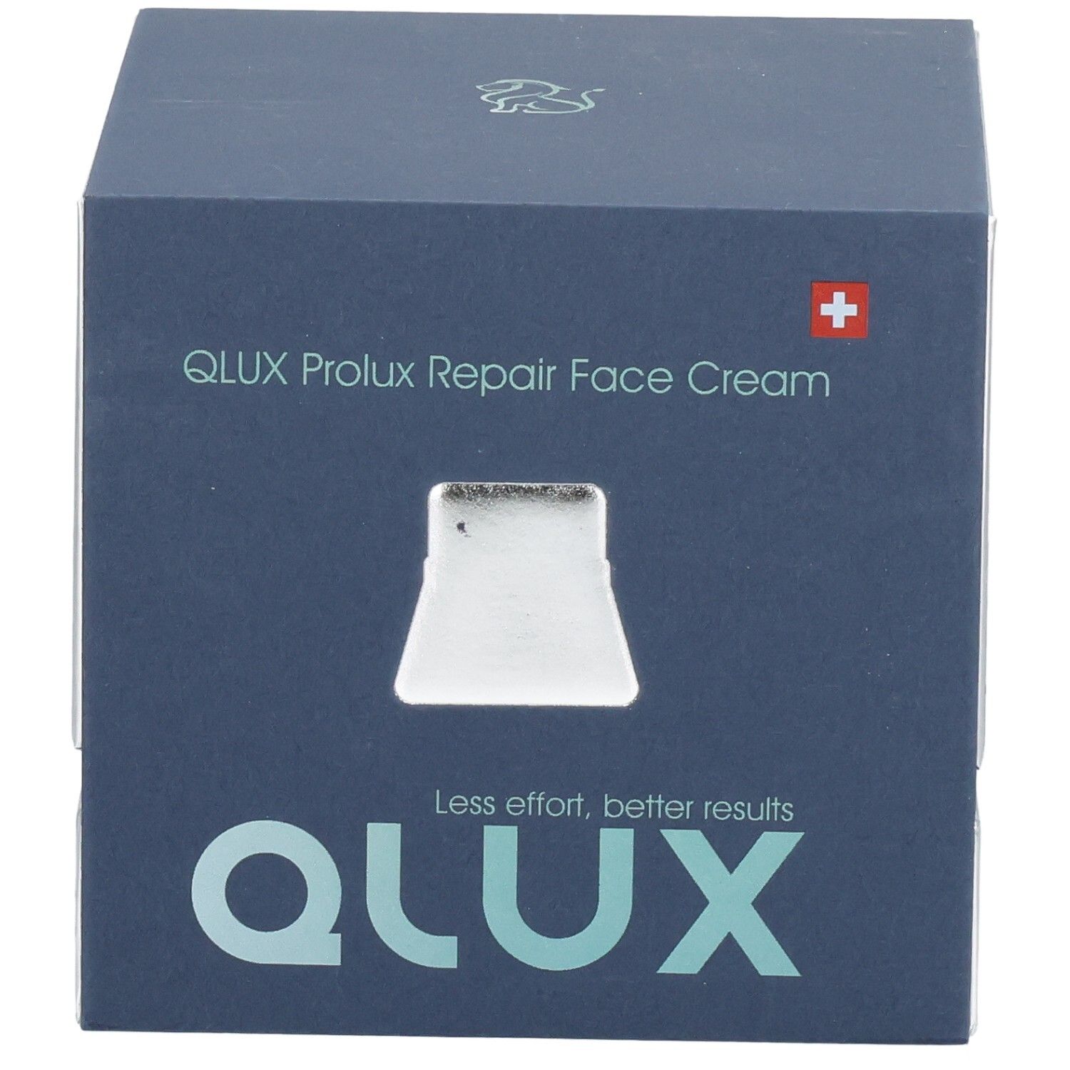Boîte carrée bleu foncé, côtés argentés. QLUX Prolux Repair Face Cream. Croix suisse. Fenêtre.