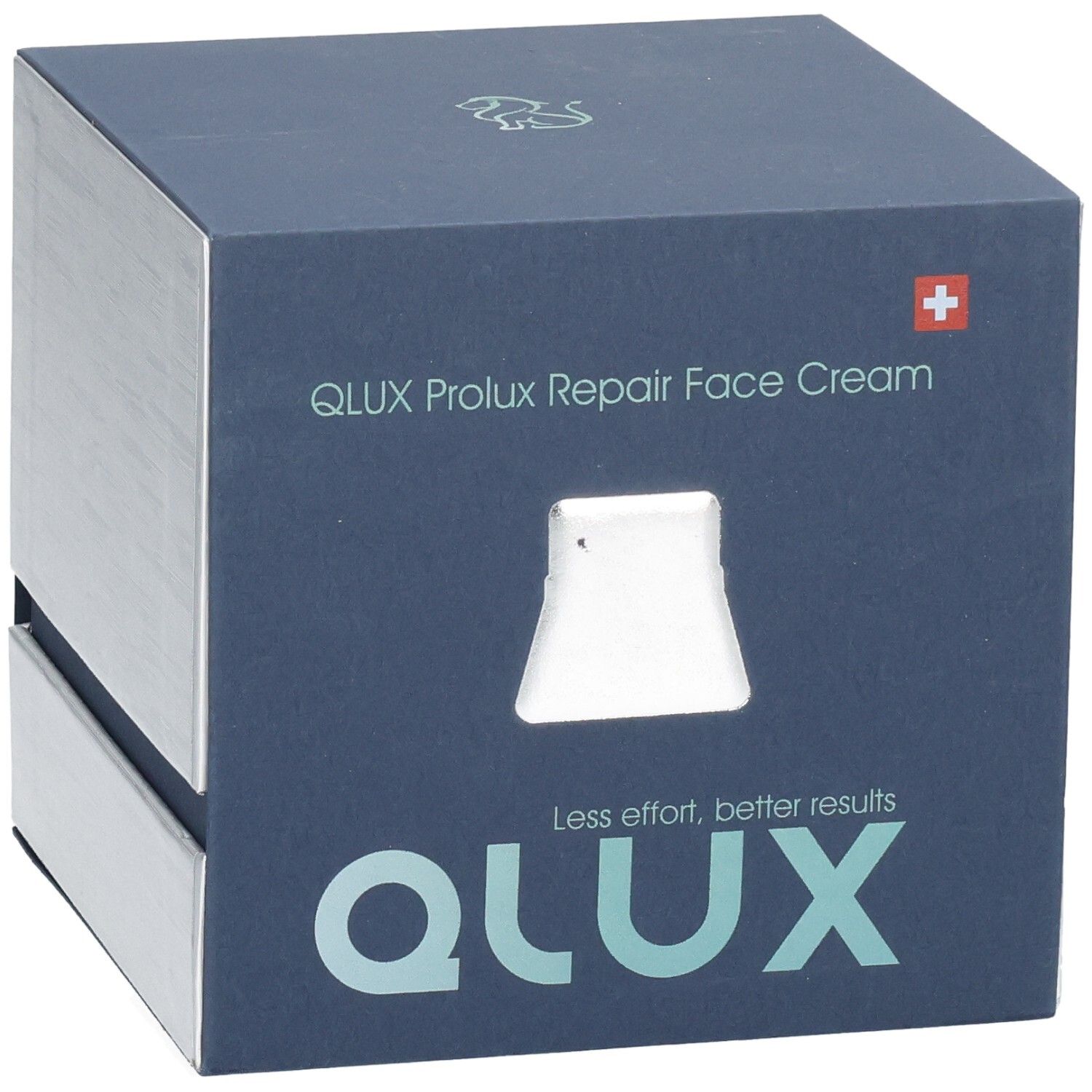 Boîte carrée bleu foncé, côtés argentés. QLUX Prolux Repair Face Cream. Croix suisse. Fenêtre.