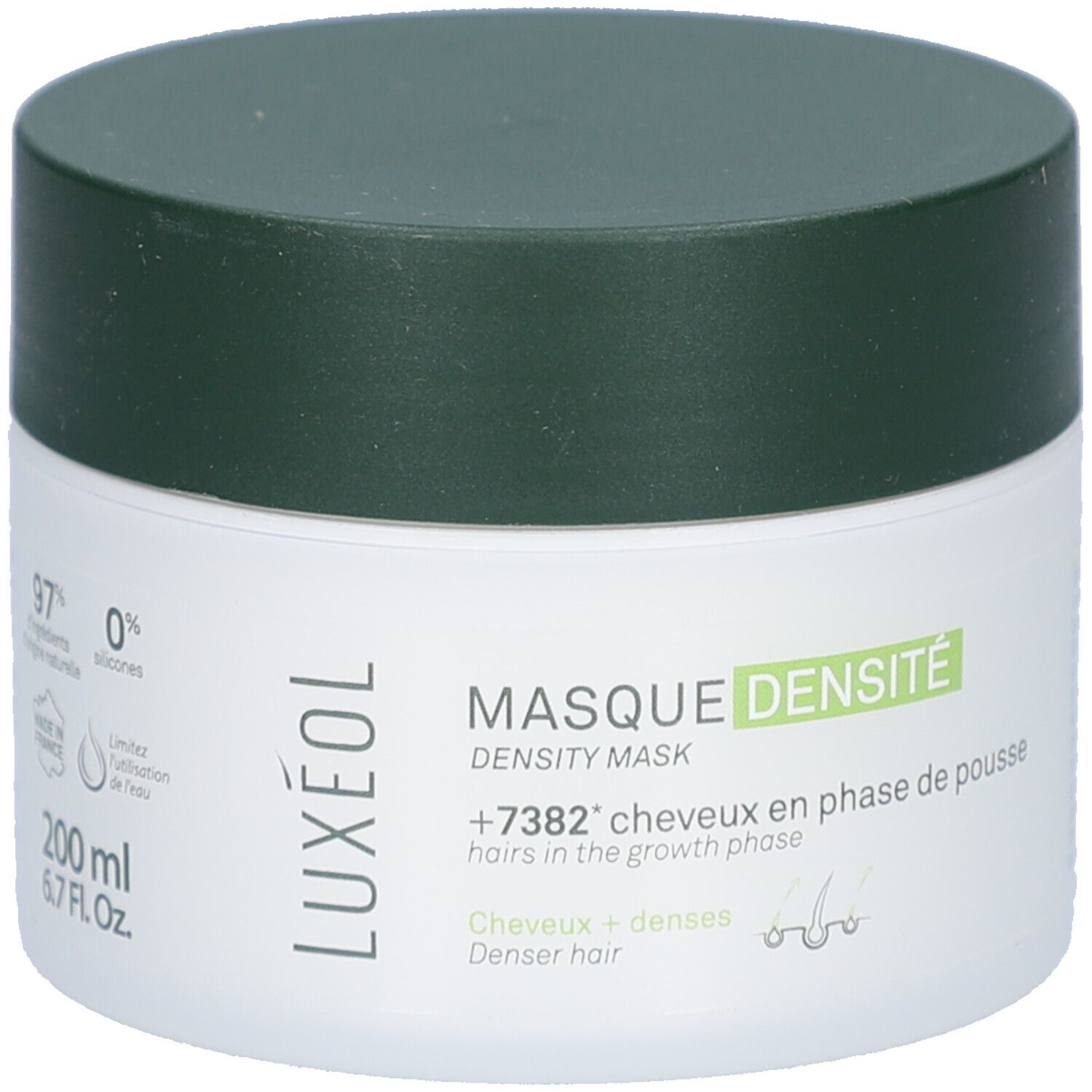Pot blanc avec couvercle vert. Inscription LUXÉOL et MASQUE DENSITÉ. Texte : +7382* cheveux en phase de pousse. Cheveux + Denses. 200 ml.