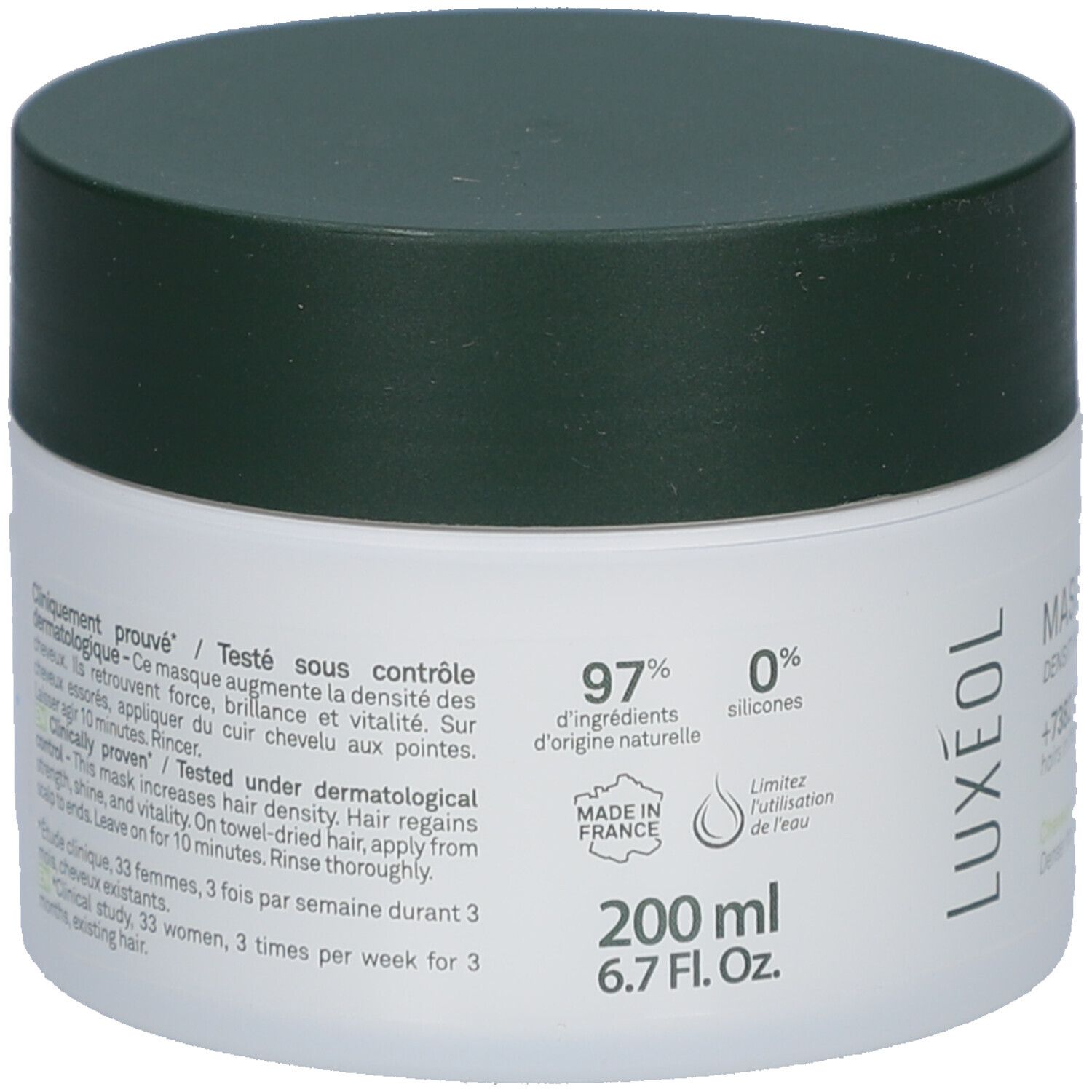 Pot blanc avec couvercle vert. Dos avec texte : Testé sous contrôle dermatologique. 97% ingrédients d'origine naturelle. 200 ml.