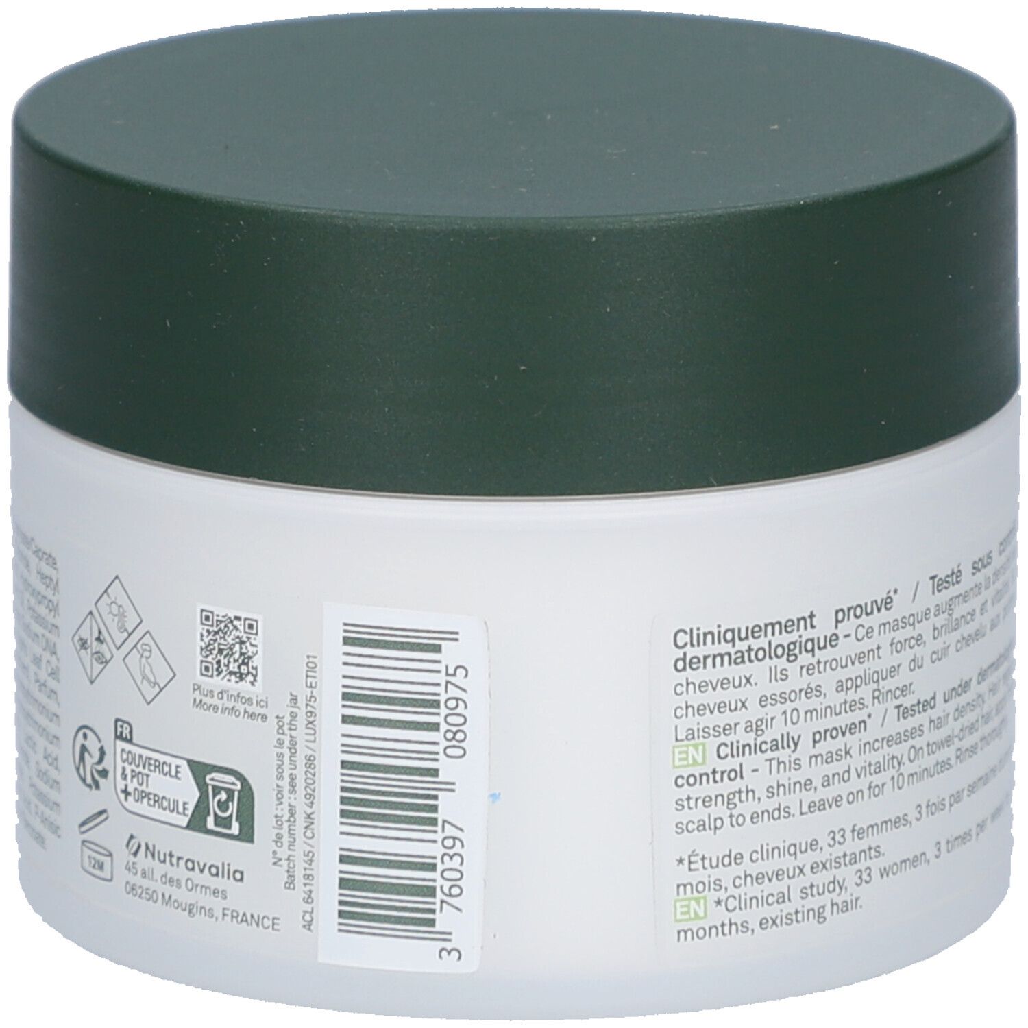 Pot blanc avec couvercle vert. Dos avec texte et code QR. Texte : Testé cliniquement. Fabriqué en France. Numéro de lot.