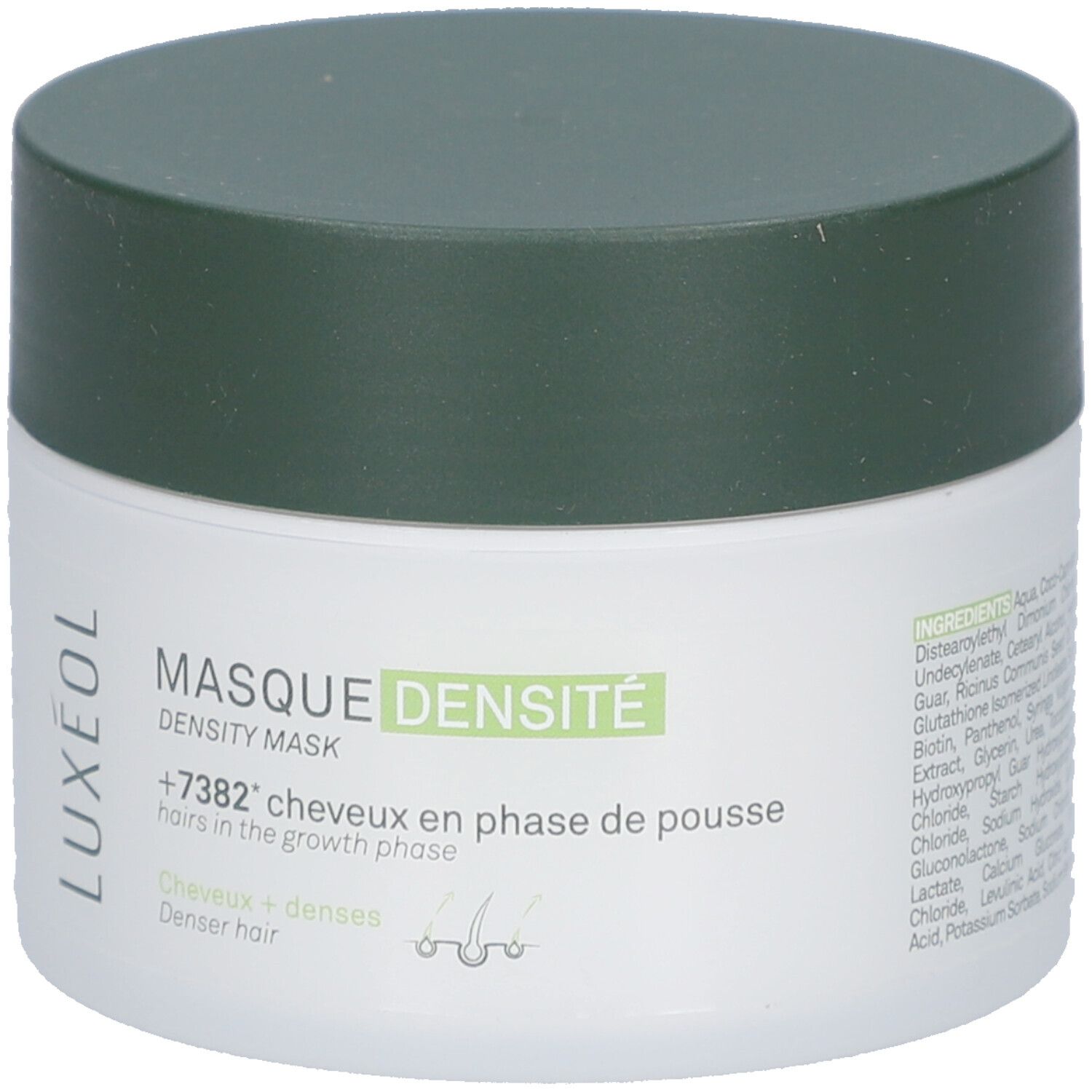 Pot blanc avec couvercle vert. Inscription LUXÉOL et MASQUE DENSITÉ. Texte : +7382* cheveux en phase de pousse. Cheveux + Denses. 200 ml.
