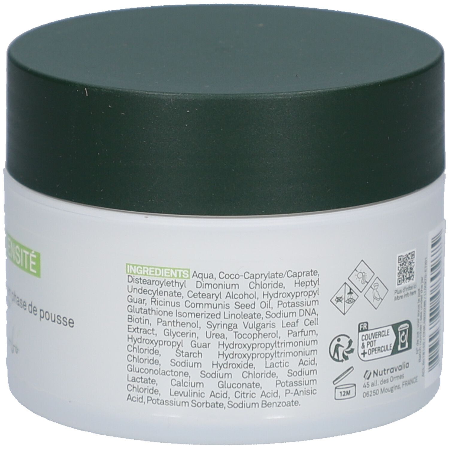 Pot blanc avec couvercle vert. Dos avec ingrédients. Texte : Aqua, Coco-Caprylate/Caprate, etc. Code QR. 12M.