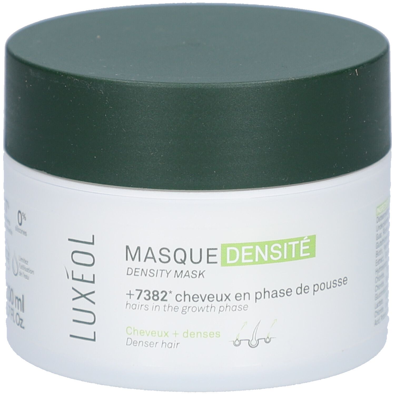 Pot blanc avec couvercle vert. Inscription LUXÉOL et MASQUE DENSITÉ. Texte : +7382* cheveux en phase de pousse. Cheveux + Denses.